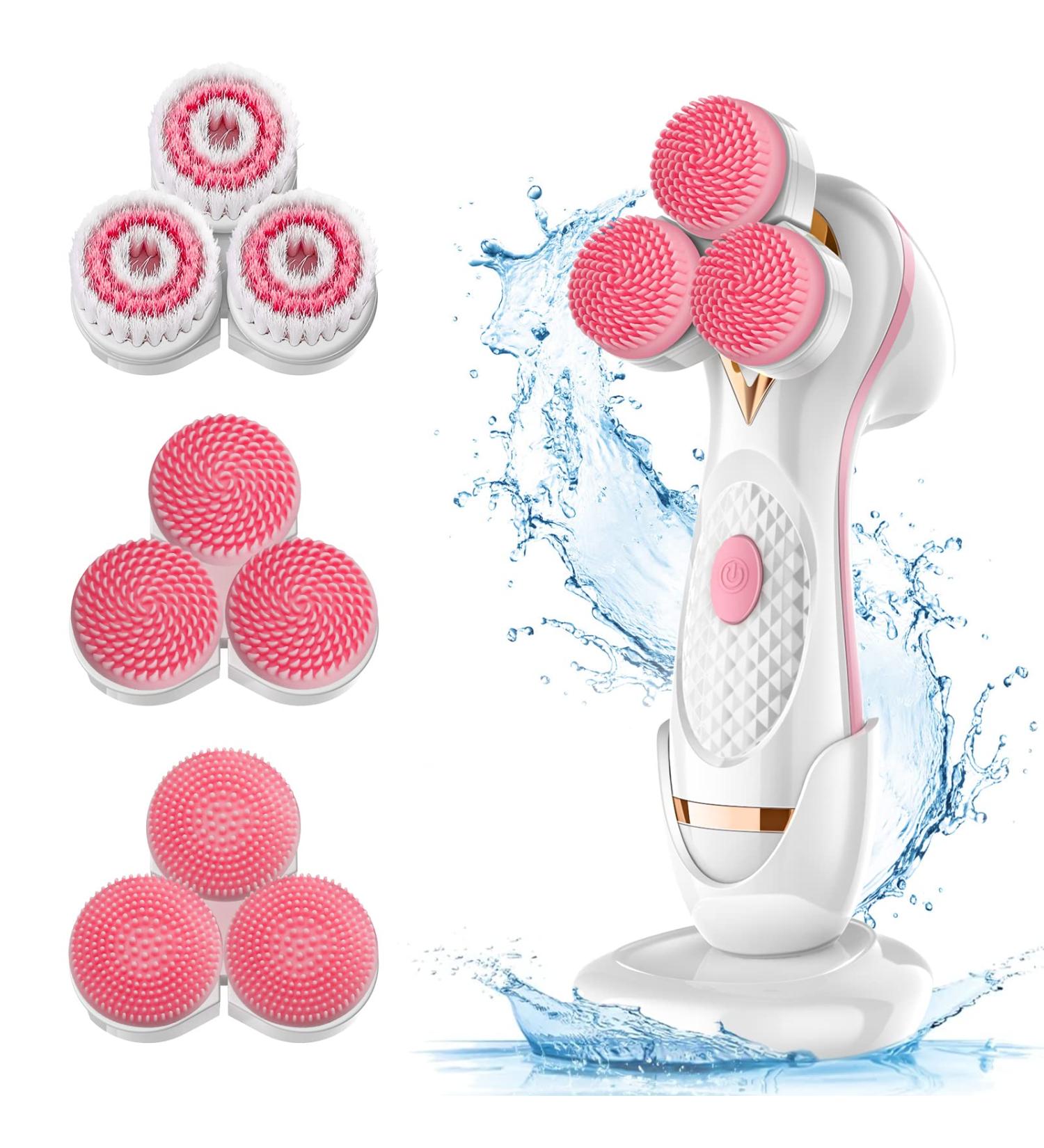 3D Facial Cleansing Brush Electric Face Scrubber with 3 Replacement Heads for Deep Cleaning|Gentle Exfoliate|Tighten Skin (Pink) - Buy Online on SooperMarket.com