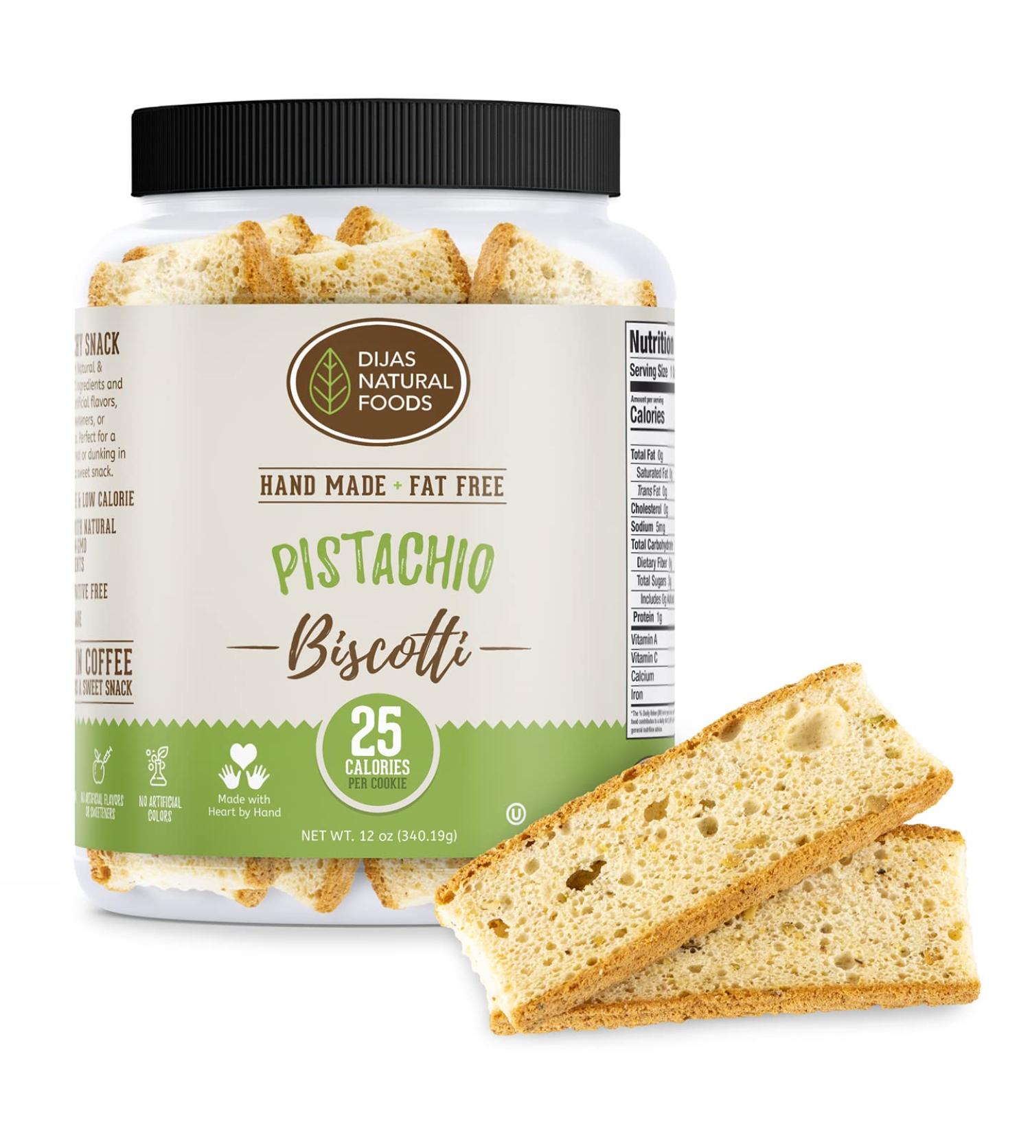Dijas Natural Foods Fat Free Biscotti Cookie - Pistachio Flavor | All Natural & Preservative Free Ingredients | Low Calorie Snack (12 oz) - Buy Online on SooperMarket.com