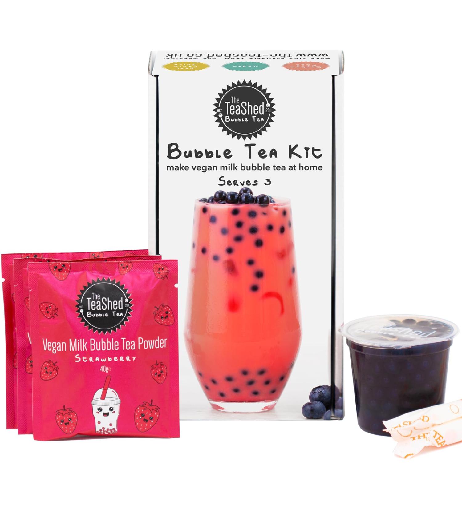 Vegan Milk Bubble Tea Kit Gift Box | 3 Servings | Includes Strawberry Powder, Blueberry Popping Boba, and Paper Straws | The TeaShed - Buy Online on SooperMarket.com