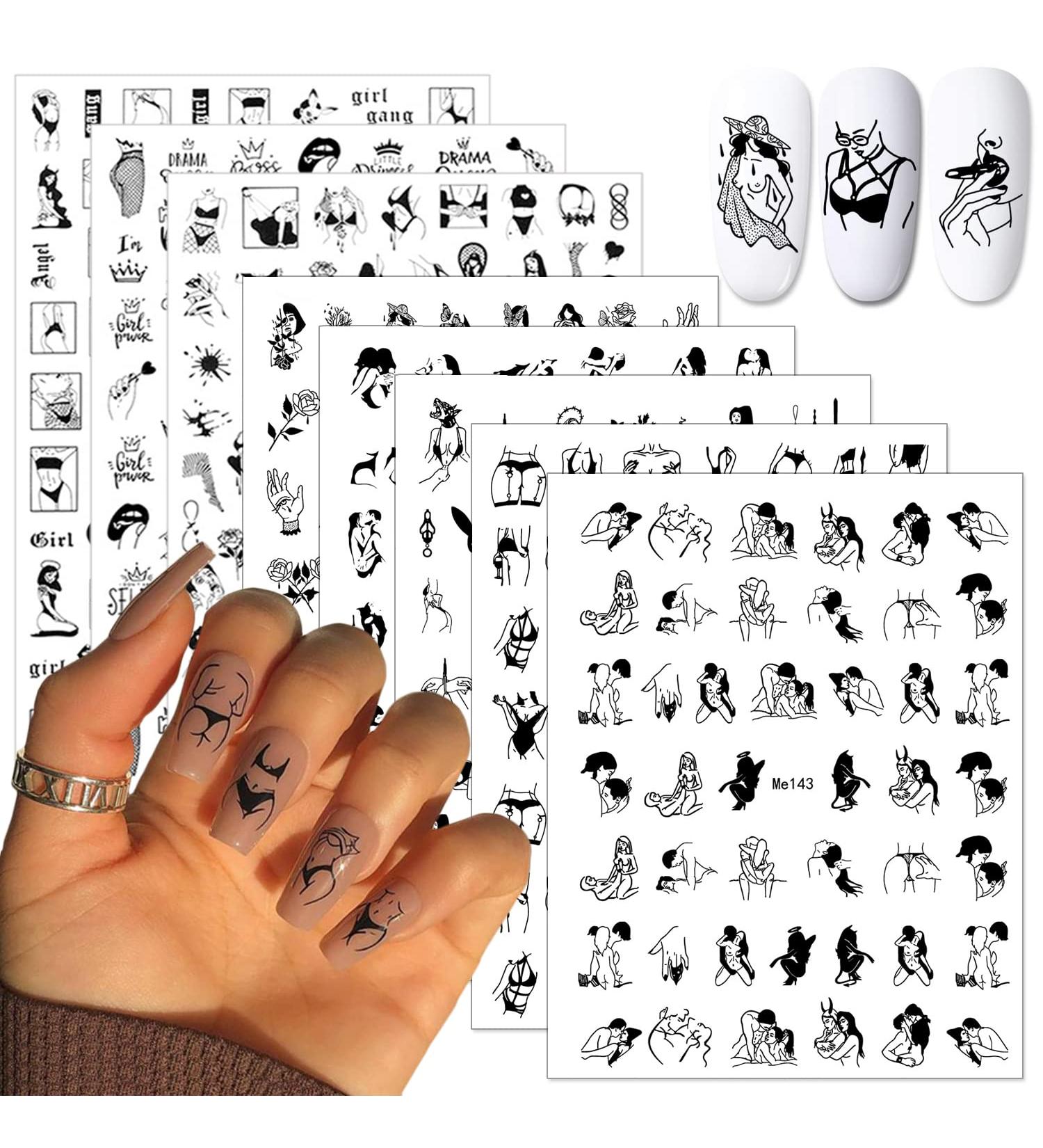 Bad Girls Nail Art Stickers - 3D Self Adhesive Black White Designs for DIY Manicure - Sexy Flower Love Charms for Women and Girls - 8 Sheets - Buy Online on SooperMarket.com