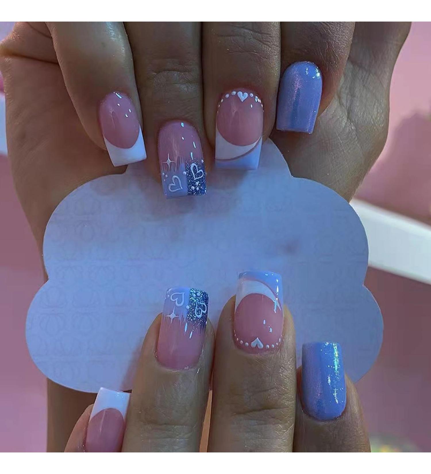 Blue Heart French Style False Nails - 24pcs Medium Square Press on Nails with Glue - Elegant Sweet Fake Nails for Women and Girls - Buy Online on SooperMarket.com