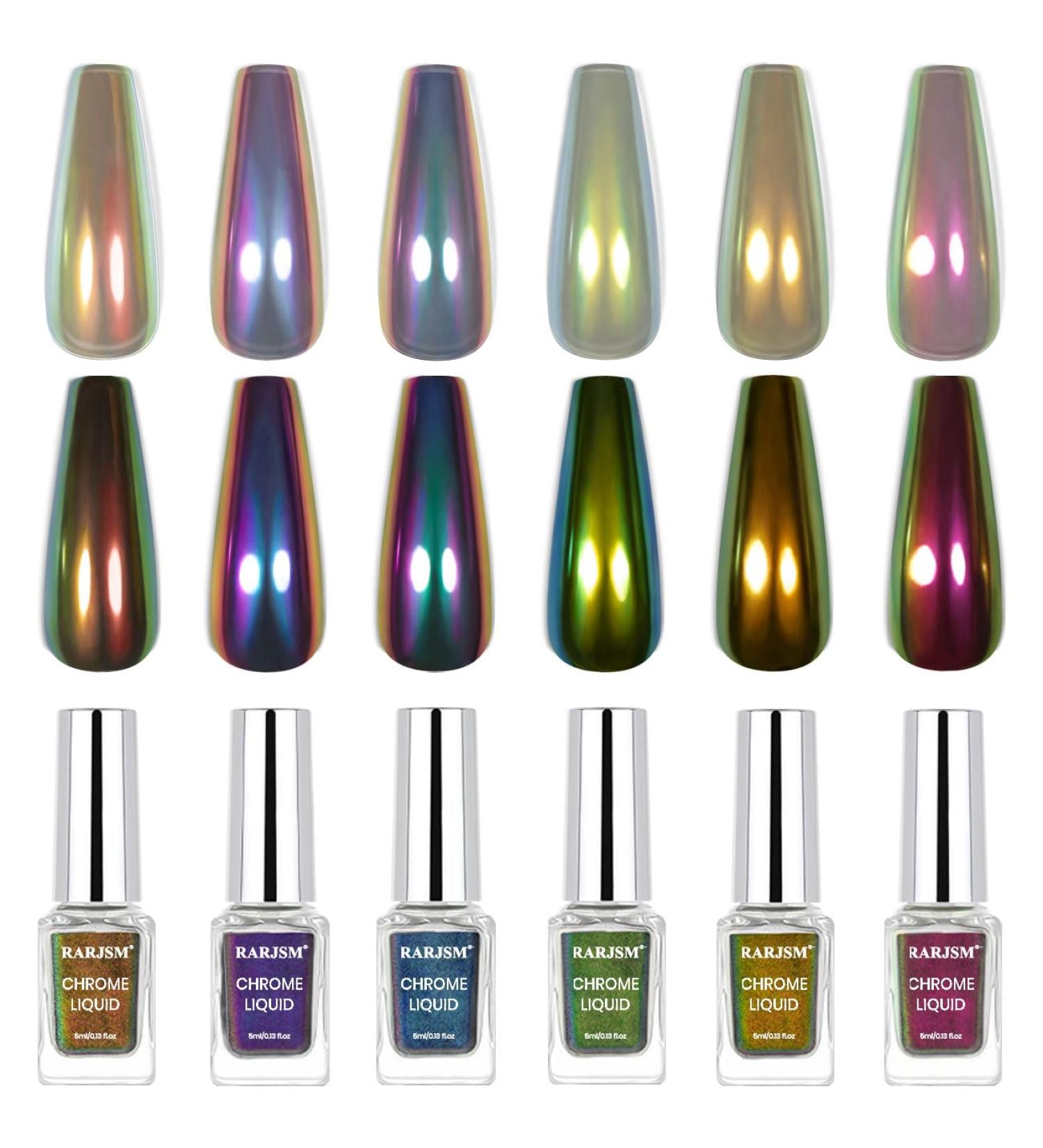 RARJSM Chameleon Liquid Chrome Nail Powder Set 6 Pcs | Iridescent Glitter & Mirror Effect | Easy Application for Nail Art | No Curing Required - Buy Online on SooperMarket.com