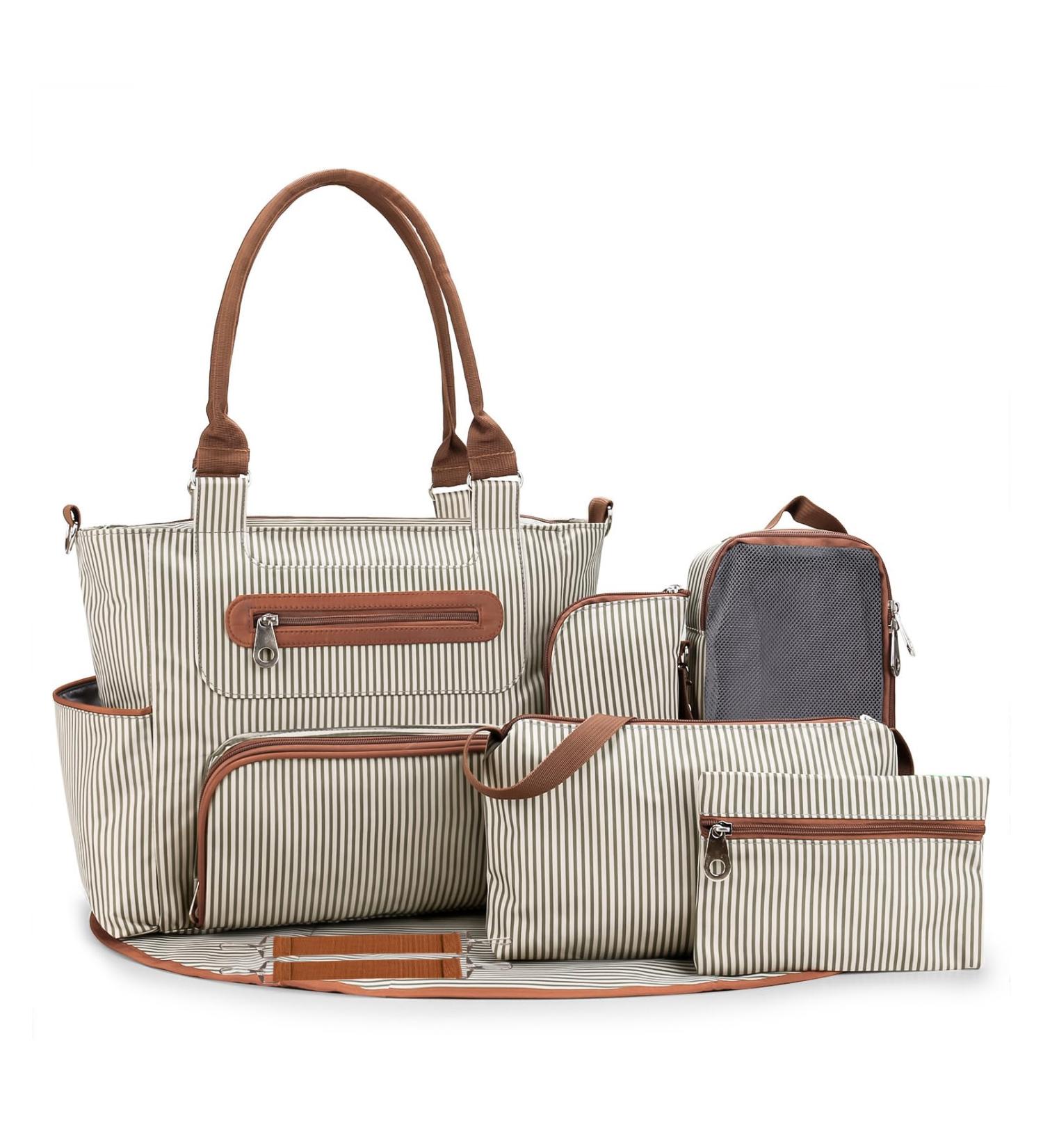 SONARIN 7pcs Nappy Changing Bag Set Multifunction Mummy Tote Bag Baby Changing Bag Shoulder Handbag Travel Diaper Bag with Bottle Bag Changing Mat and Stroller Straps white stripped(Khaki) - Buy Online on SooperMarket.com