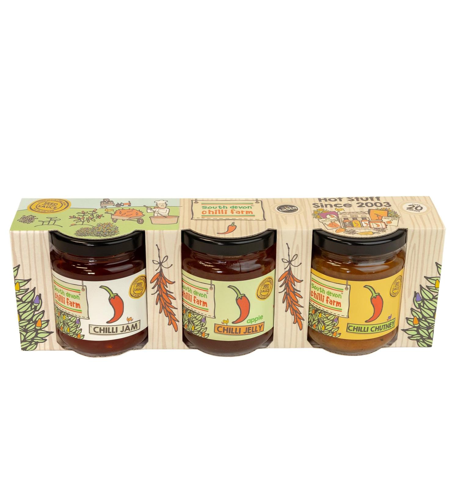 South Devon Chilli Farm Chilli Preserve Gift Set - Ideal Condiments for Cheese, Meats, Eggs & Seafood | Gluten Free & Vegan Friendly | 3 x Jar - Buy Online on SooperMarket.com
