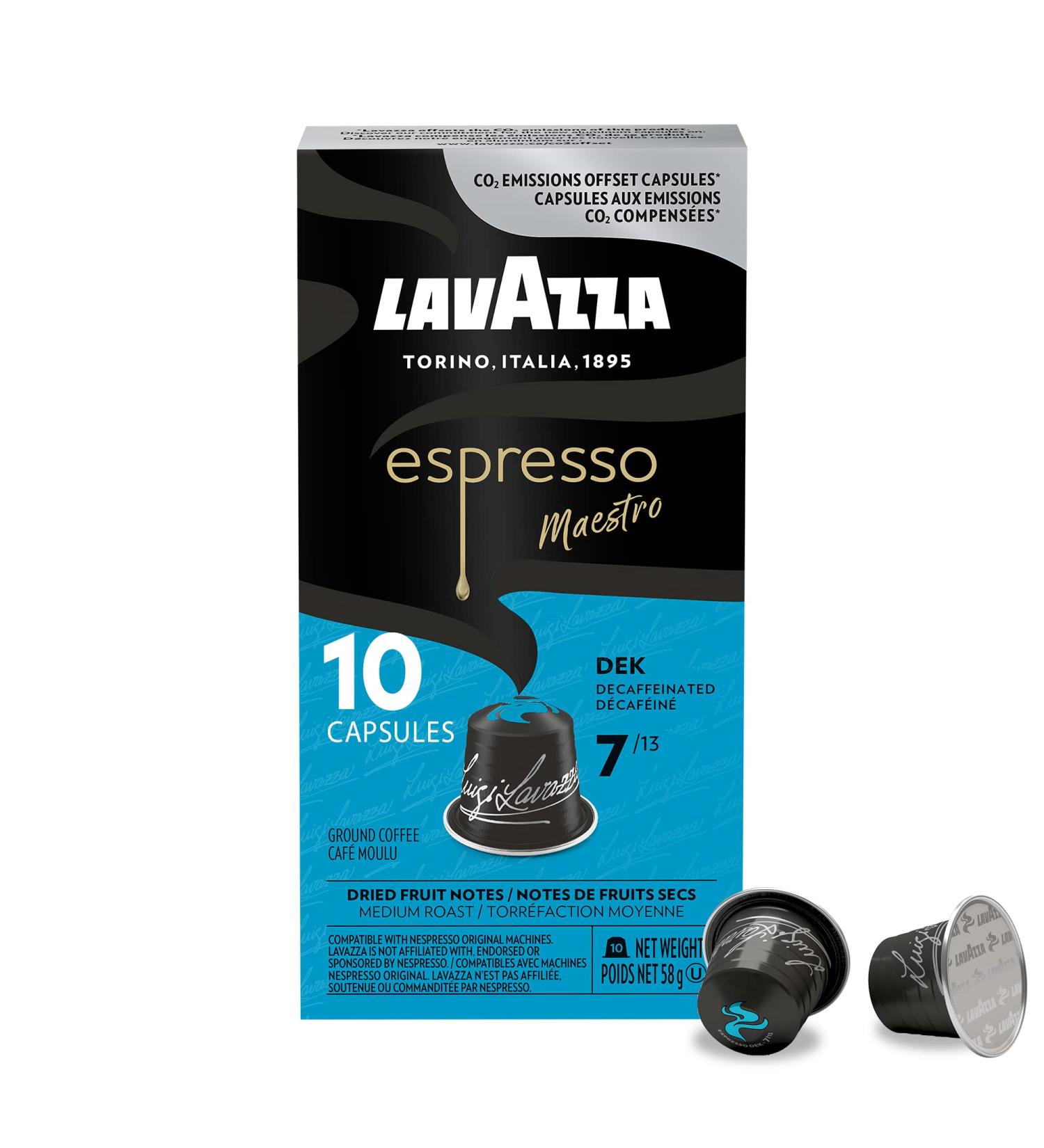 Lavazza Espresso Maestro DEK Medium Roast Coffee Capsules Compatible with Nespresso Original Machines Round and well-balanced espresso notes of dried fruit light chocolate aftertaste (100 pack) Decaf 10 count (Pack of 10) - Buy Online on SooperMarket.com