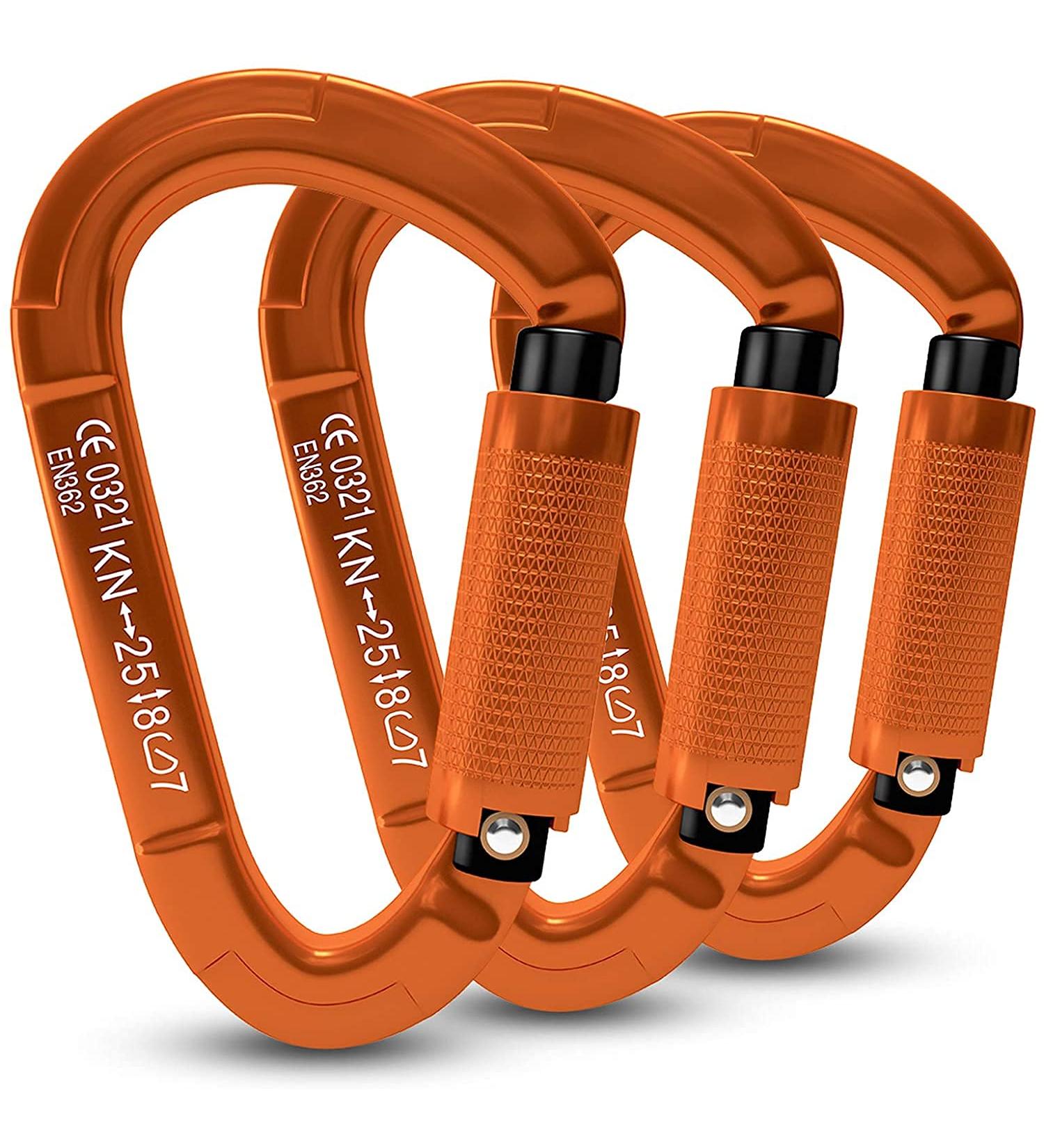UIAA Certified 25KN Auto Locking Climbing Carabiner Clips - 3 Piece Set for Hammocks & Dogs - Durable Orange Climbing Equipment - Buy Online on SooperMarket.com