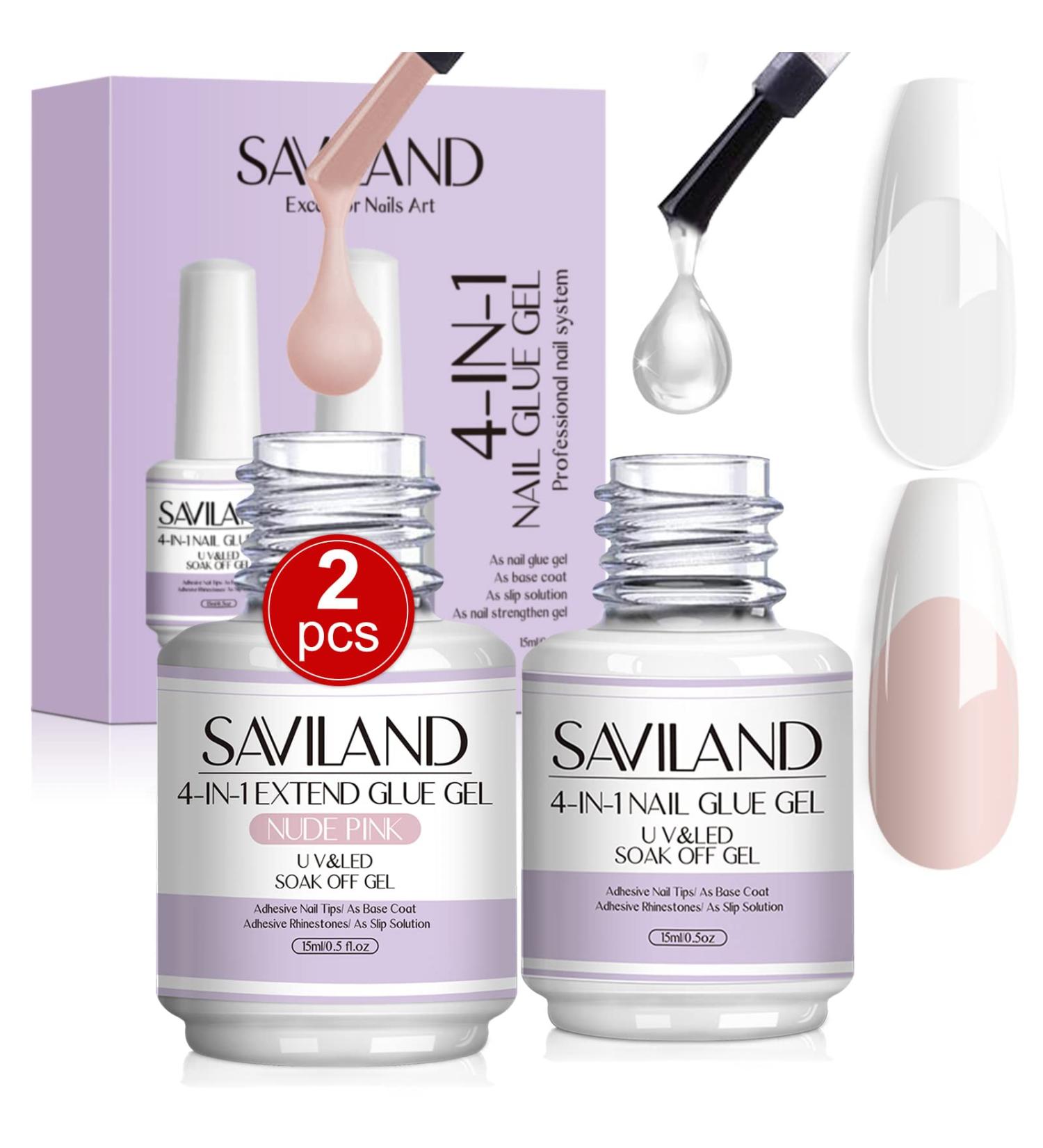 Saviland 15ML Nail Glue Gel Set - Clear & Nude Pink 4-in-1 for Press on Nails, Acrylic, UV Gels - Manicure Starter Set - Buy Online on SooperMarket.com