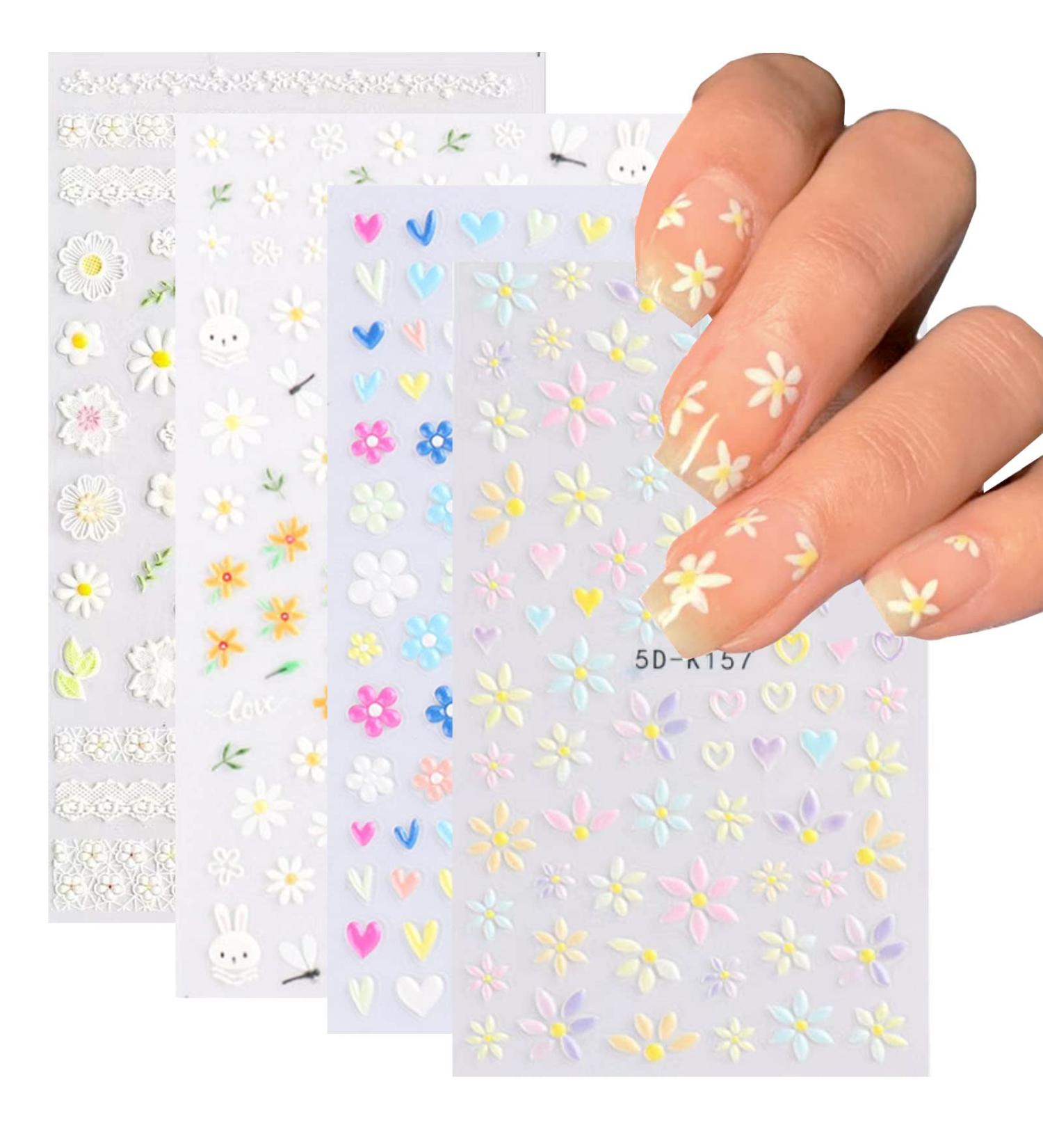 5D Embossed Spring Daisy Nail Art Stickers - Self-Adhesive White Yellow Flower Decals - Buy Online on SooperMarket.com