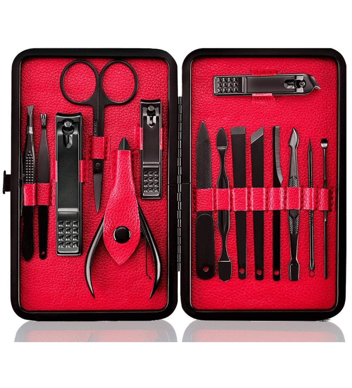 Manicure Set Nail Set Nail Clipper Kit Professional - Stainless Steel Pedicure Set Nail Grooming Kit of 15pcs with Case for Travel (Black/Red) - Buy Online on SooperMarket.com