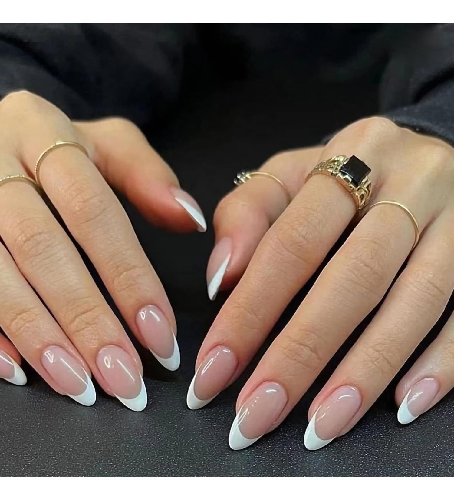 Glossy White French Tip Almond Shape Press-On Nails - Medium Length | Full Cover Acrylic False Nails with Cute Design for Women - Buy Online on SooperMarket.com