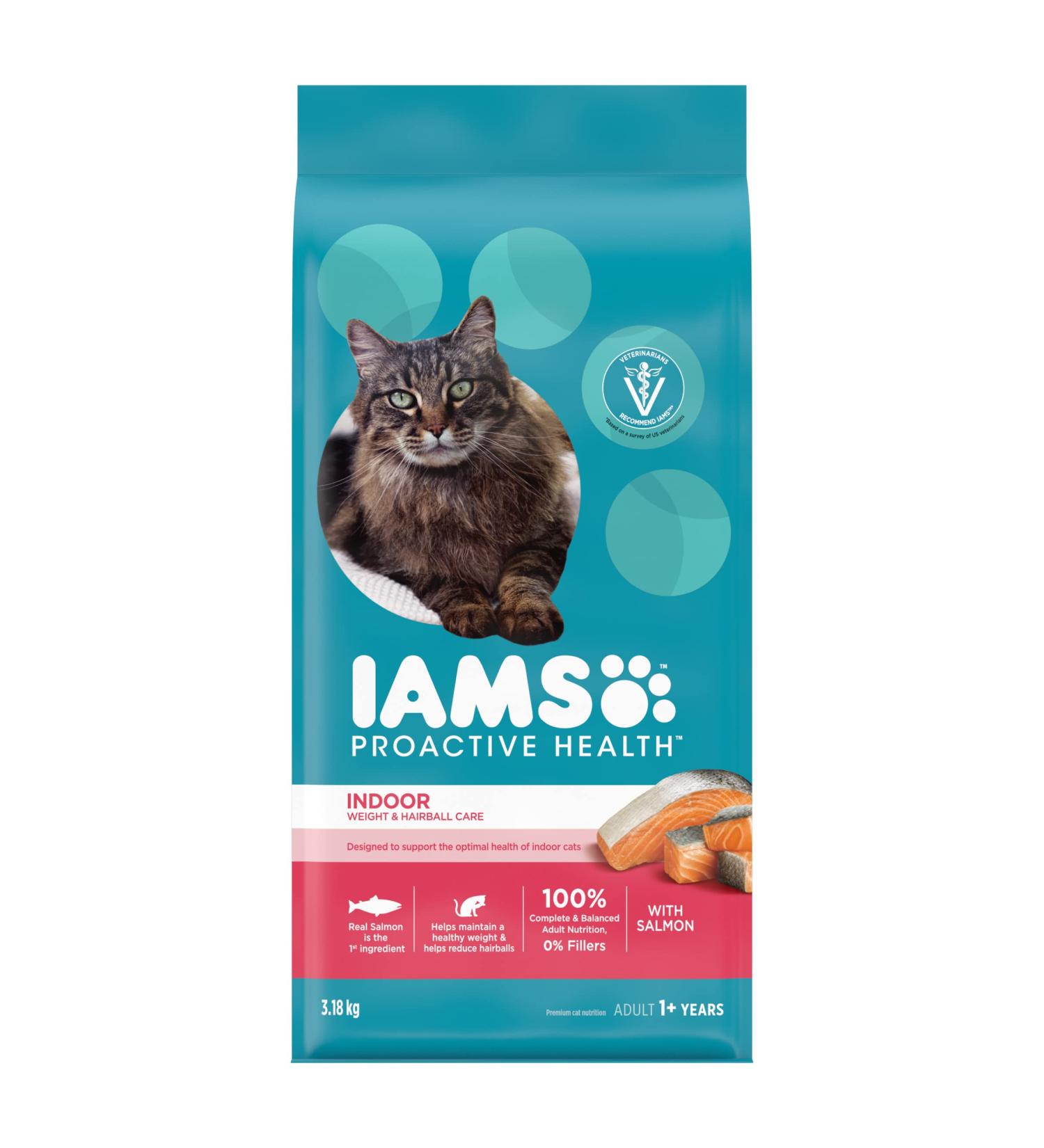 IAMS Proactive Health Dry Cat Food Adult - Indoor Weight & Hairball Care with Salmon 3.18kg Bag 3.18 kg (Pack of 1) Cat Food - Buy Online on SooperMarket.com