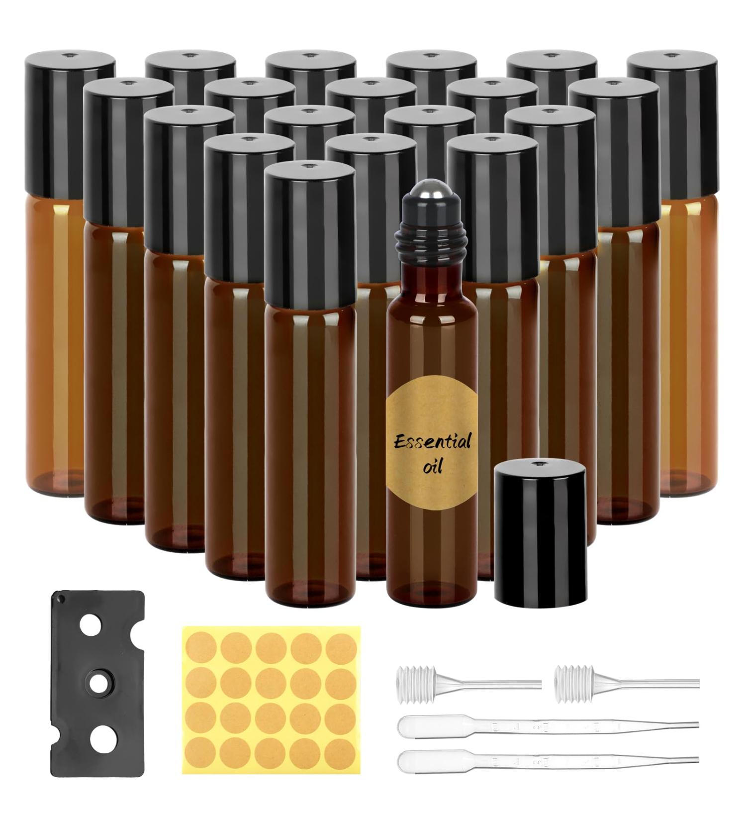 20 Pack 10ml Brown Roll-On Glass Bottles for Essential Oils - Refillable Fragrance & Cosmetic Containers - Buy Online on SooperMarket.com