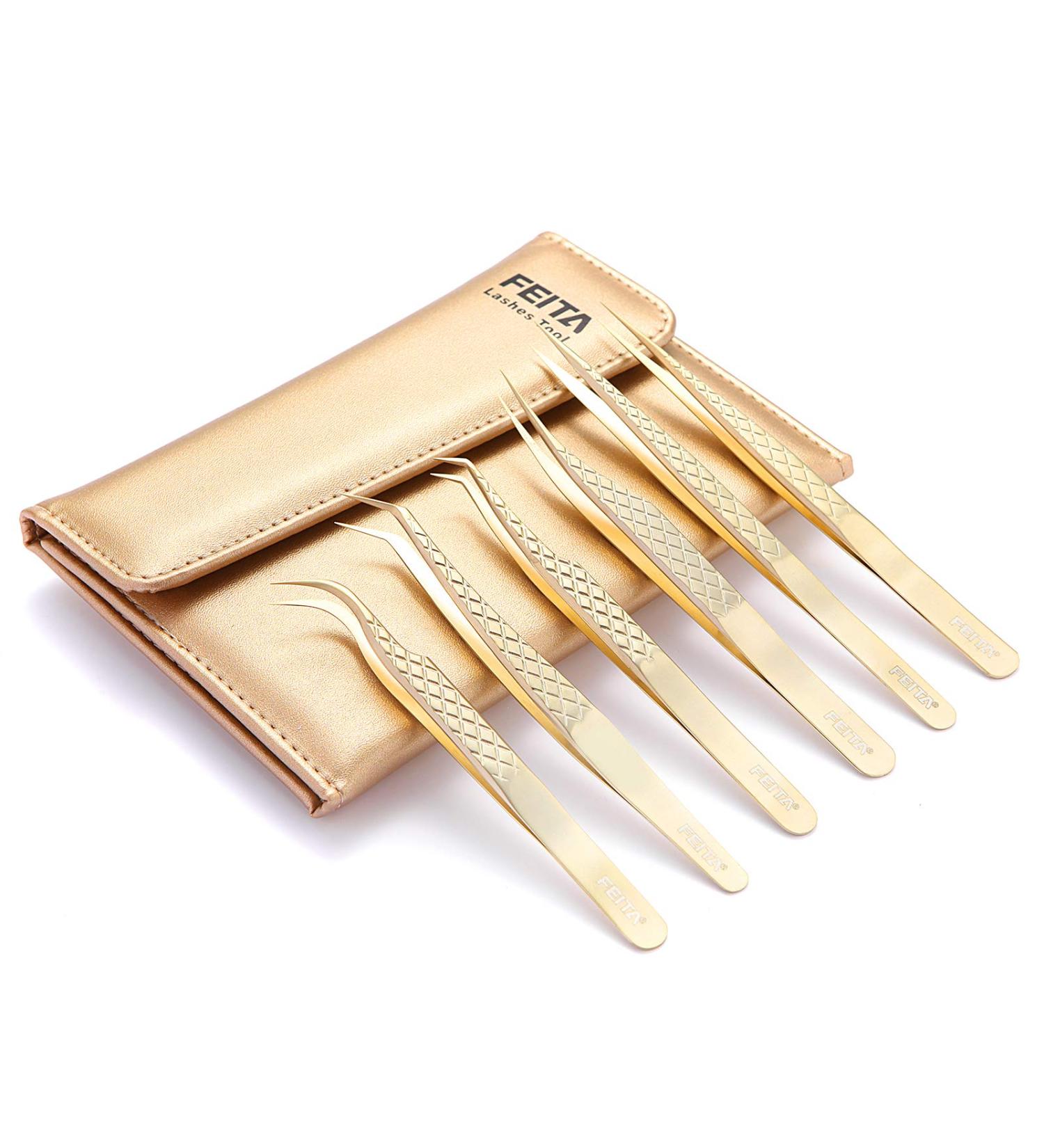 FEITA Gold Eyelash Extension Tweezer Set - Precision Diamond Grip Tweezers for Volume & Individual Lashes (6Pcs) - Buy Online on SooperMarket.com