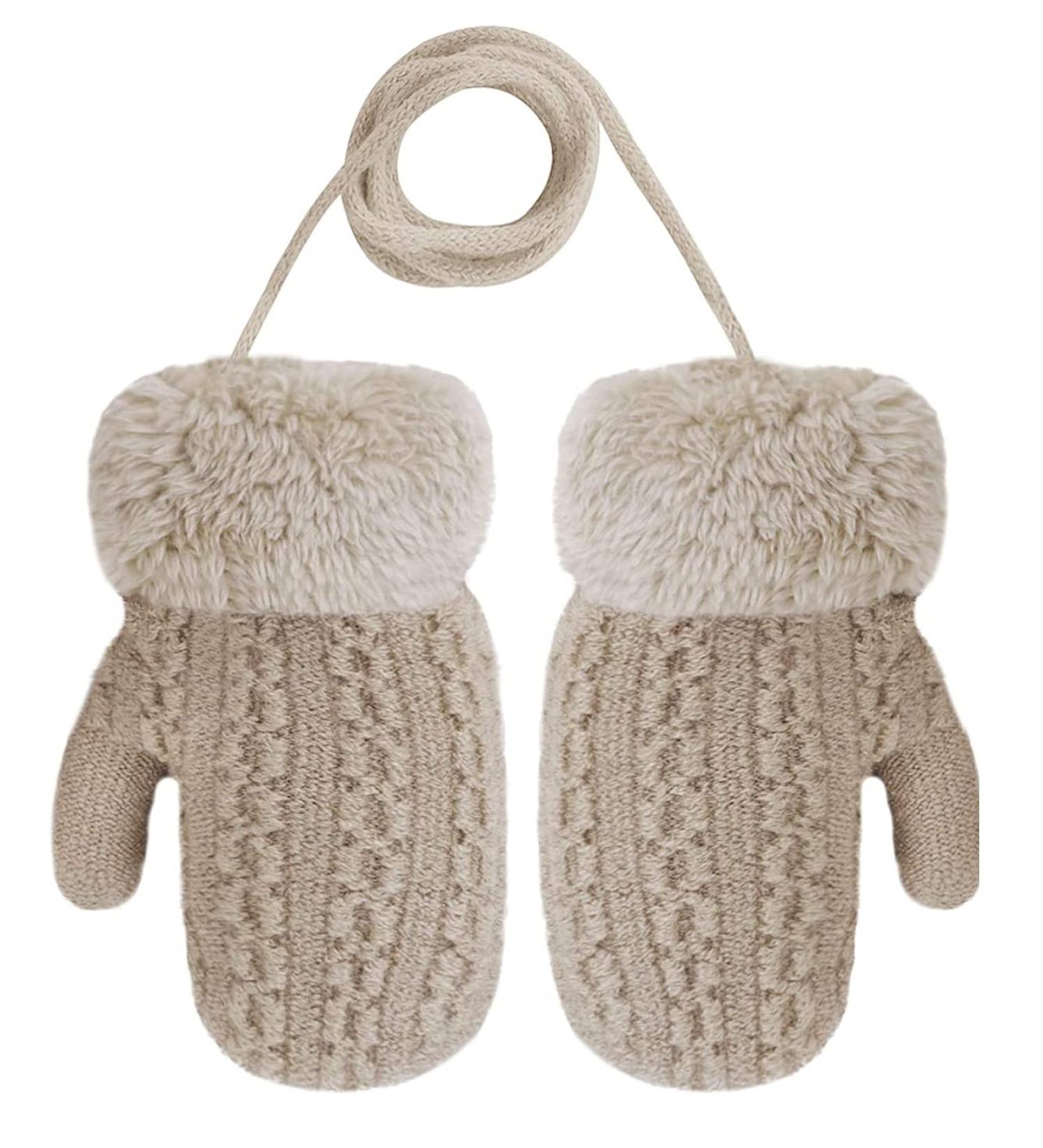Baby Toddler Furry Winter Gloves Cold Weather Warm Knit Magic Mittens On String Kids Insulated Snow Warm Gloves with Fleece Lining for Baby Girls Boys 0-3 Years Gift B-Khaki - Buy Online on SooperMarket.com