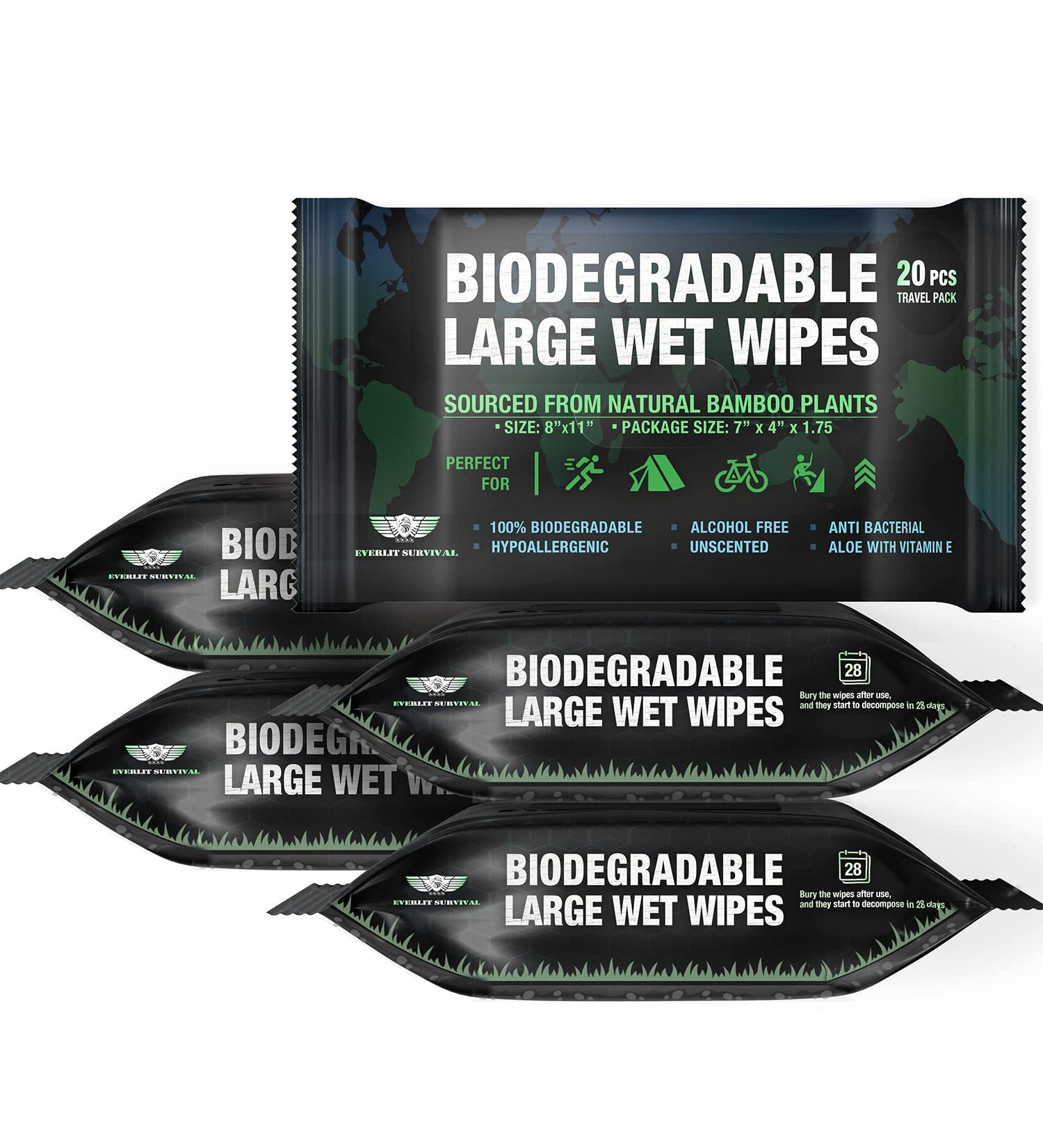 Everlit Survival Natural Bamboo Wet Wipes - Rinse-free Biodegradable Body Wipes for Travel, Camping, and Gym - 5 Packs of 20 Count - Buy Online on SooperMarket.com