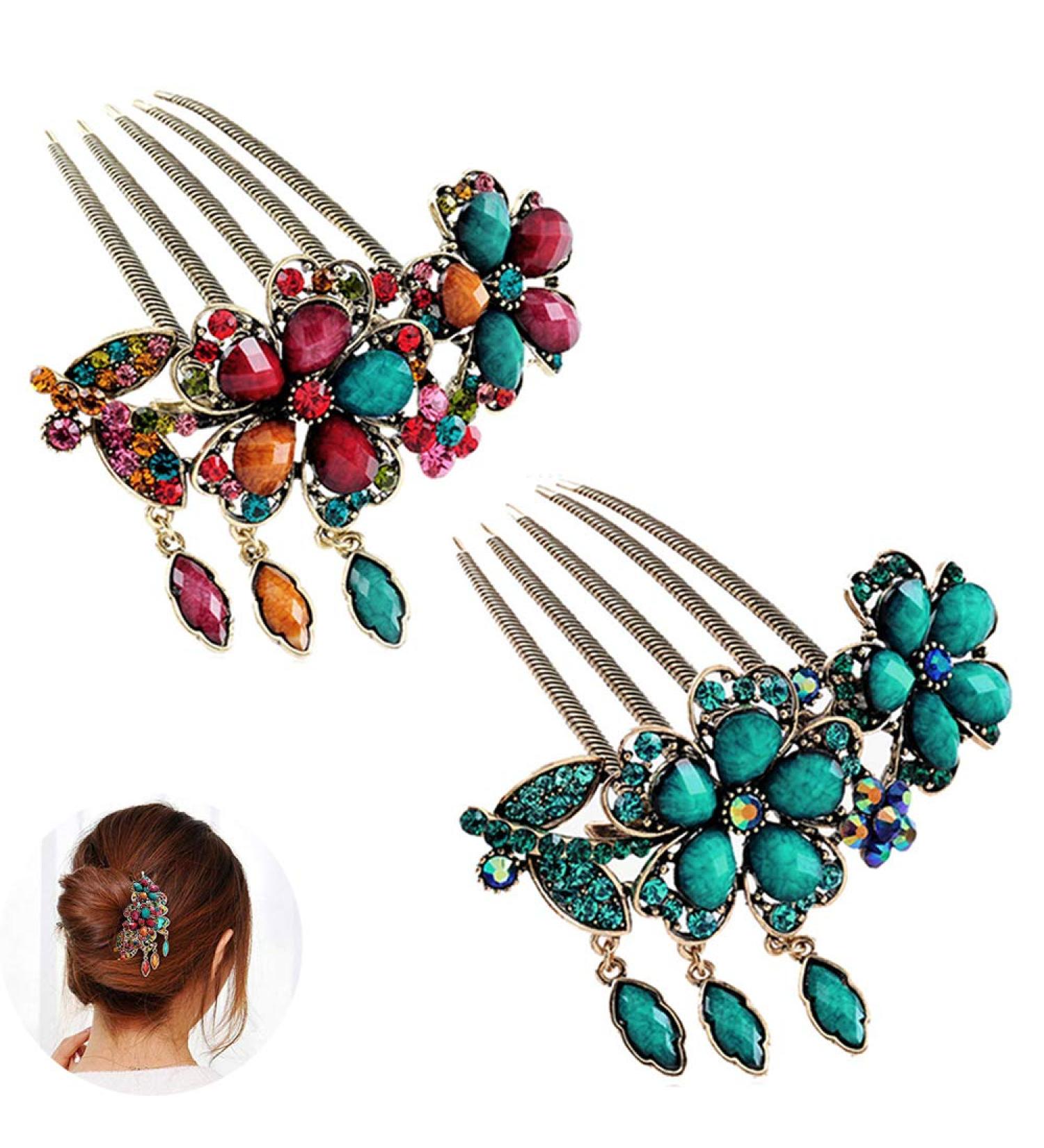 2Pcs Women Rhinestone Flower Hair Comb Clips for Wedding Prom - Blue + Colorful - Buy Online on SooperMarket.com