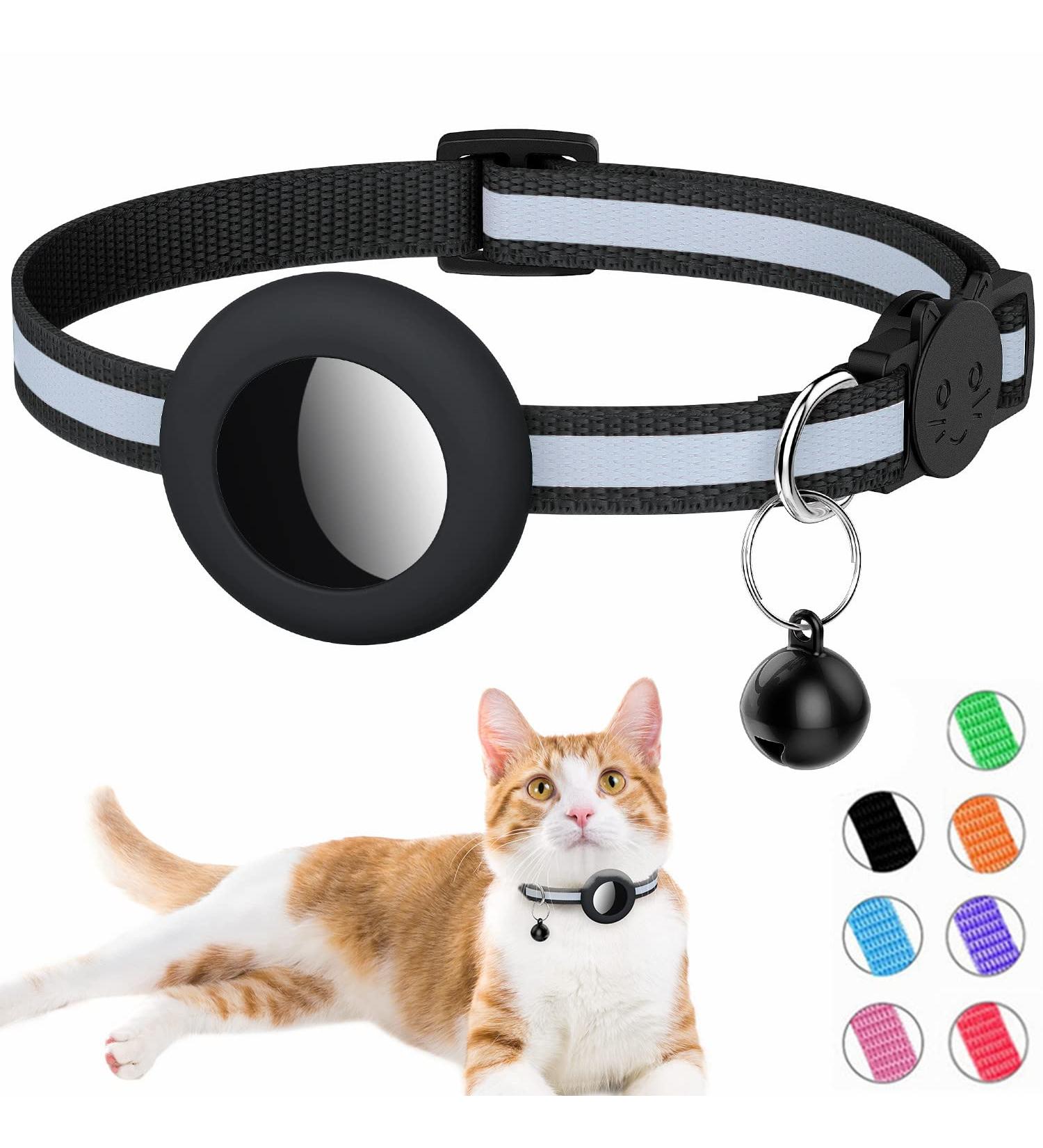 Reflective Airtag Cat Neck Band | Integrated Holder & Bell | Safety Buckle for Kittens & Puppies - Black - Buy Online on SooperMarket.com