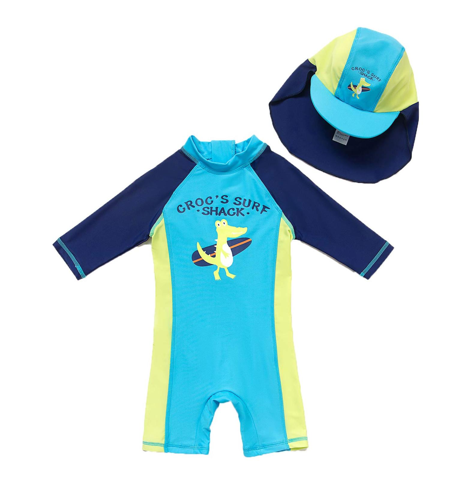 Bonverano Baby Boys Swimsuit 12-18 Months | Short-Sleeve One Piece with UPF 50+ Sun Protection | Surfing Crocodile Design - Buy Online on SooperMarket.com