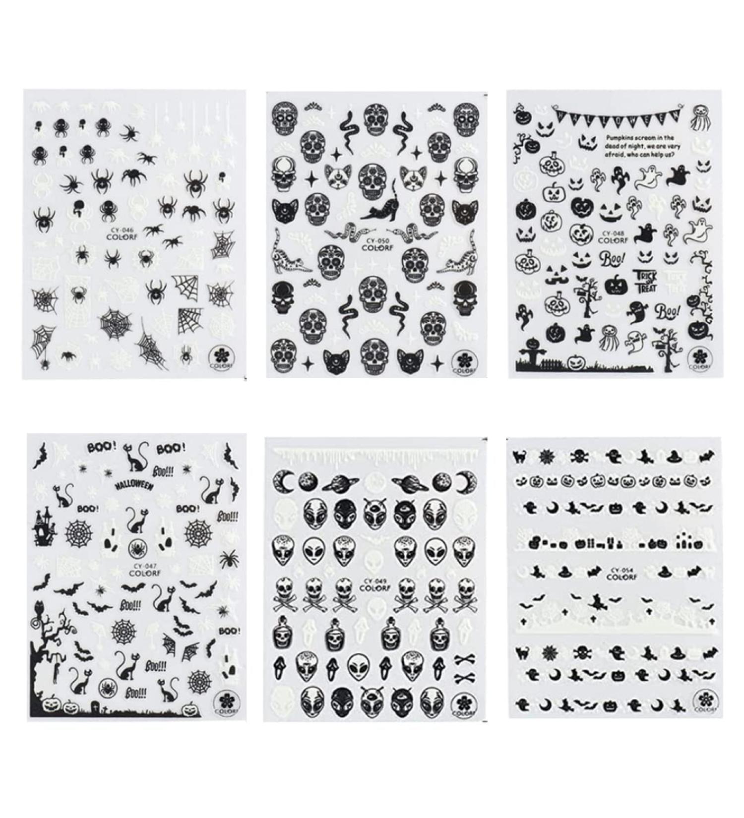 Halloween Nail Art Stickers Glow in The Dark Nail Decals 3D Self-Adhesive Fluorescent Nail Stickers Skull Spider Witch Ghost Pumpkin Bat Snake Nail Design 6PCS for Halloween Costumes - Buy Online on SooperMarket.com