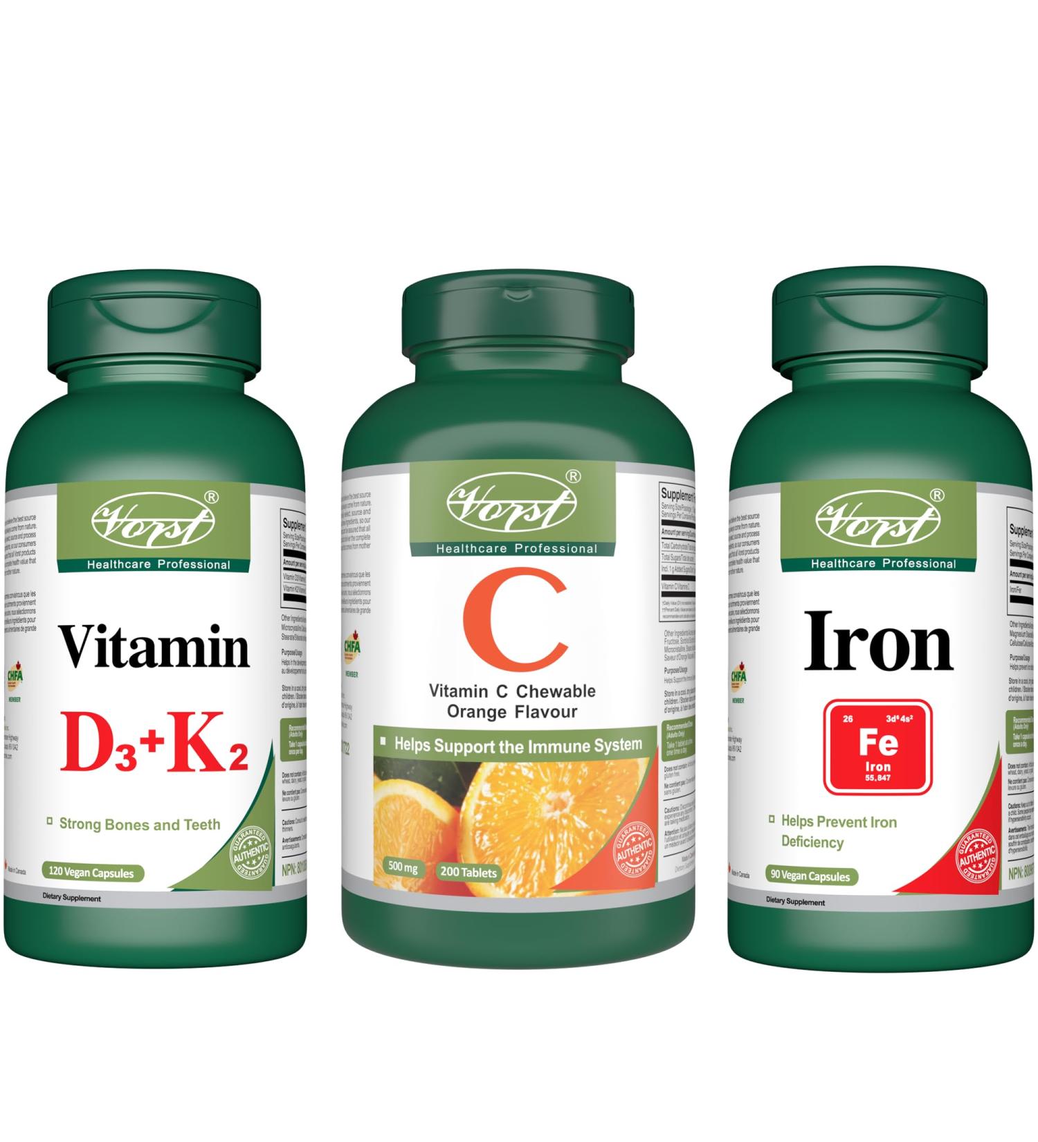 VORST Vitamin D3 + Vitamin K2 120 Vegan Capsules and Vitamin C 200 Chewable Tablets and Iron 45mg 90 Vegan Capsules | Bone Health Combo | (Combo Bundle 3 Bottles) - Buy Online on SooperMarket.com