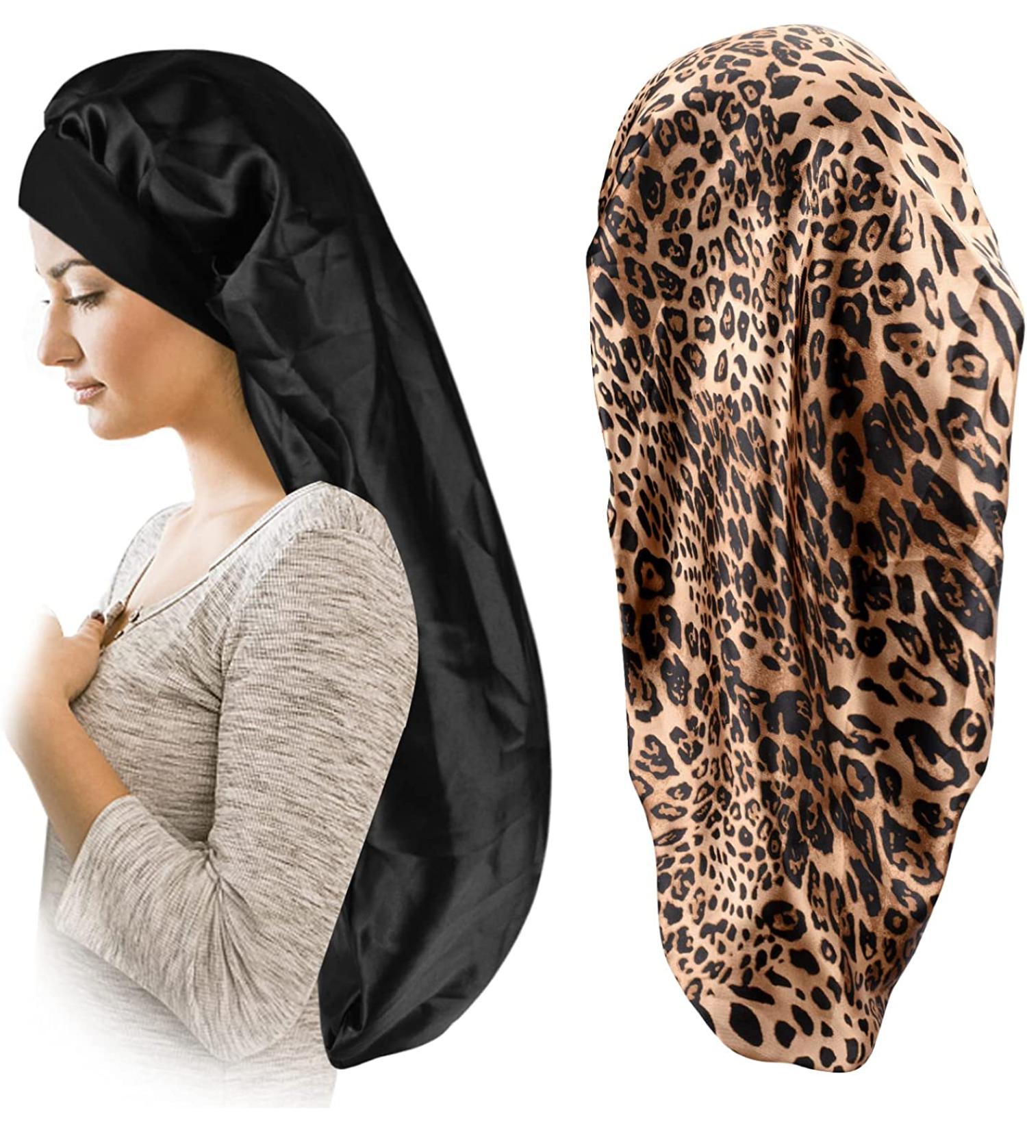 Satin Bonnet for Women 2 Pack - Soft & Elastic Black Leopard Hair Cap - Large Breathable Silky Sleeping Bonnet - Braids Bonnets for Women - Buy Online on SooperMarket.com