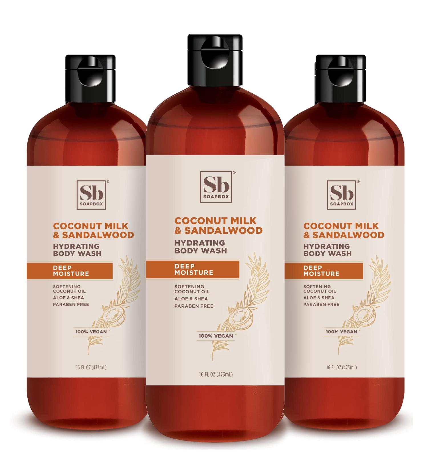 Soapbox Coconut Milk & Sandalwood Body Wash - Moisturizing Cleanser with Aloe Vera & Shea Butter | Paraben, Gluten, and Cruelty Free | Vegan | 16oz Bottles (Pack of 3) - Buy Online on SooperMarket.com