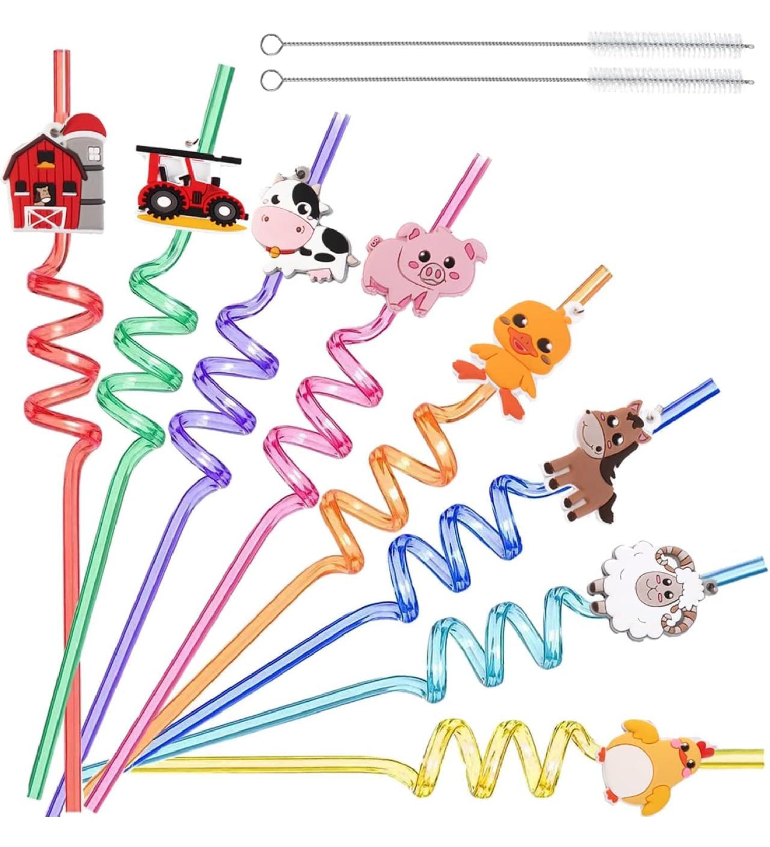 16 Pieces Reusable Farm Plastic Straws Farm Animals Plastic Curly Drinking Straws Suitable for Family and Various Party Activities with 2 Pcs Cleaning Brushes (Farm)