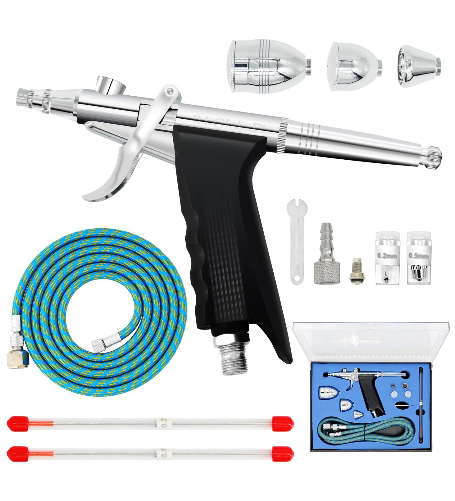 Double Action Airbrush Kit with Trigger Air Brush Spray Gun - 0.2mm, 0.3mm, 0.5mm Needles - Ideal for Tattoo, Makeup, Nail Art, Hobby - Includes 3 Sets Nozzles, Air Cap, Paint Cups, Air Hose - Buy Online on SooperMarket.com