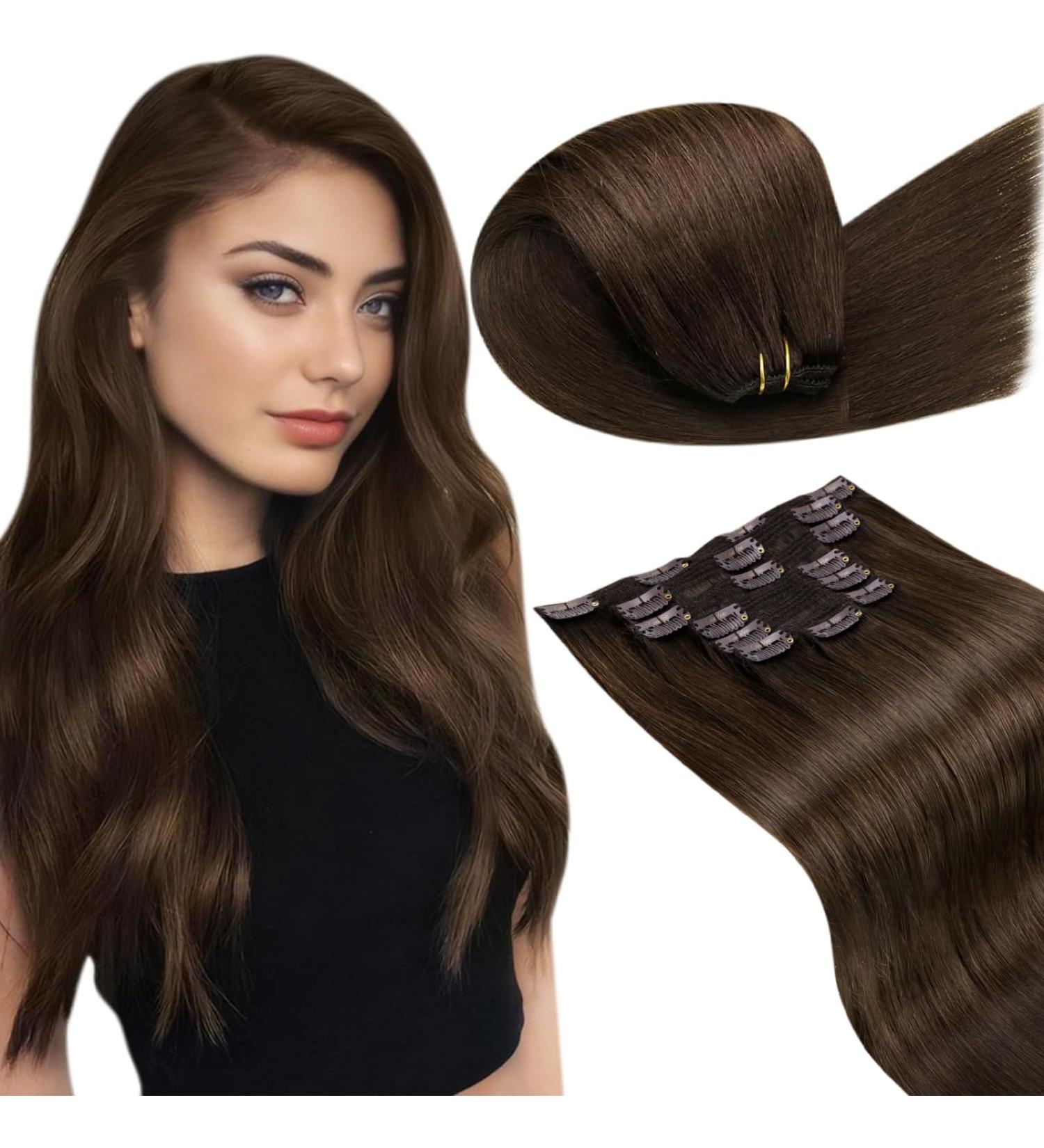 Buy Laavoo Dark Brown Clip-In Real Hair Extensions - 120g 40cm 7Pcs | Smooth & Full Head #4 - Buy Online on SooperMarket.com