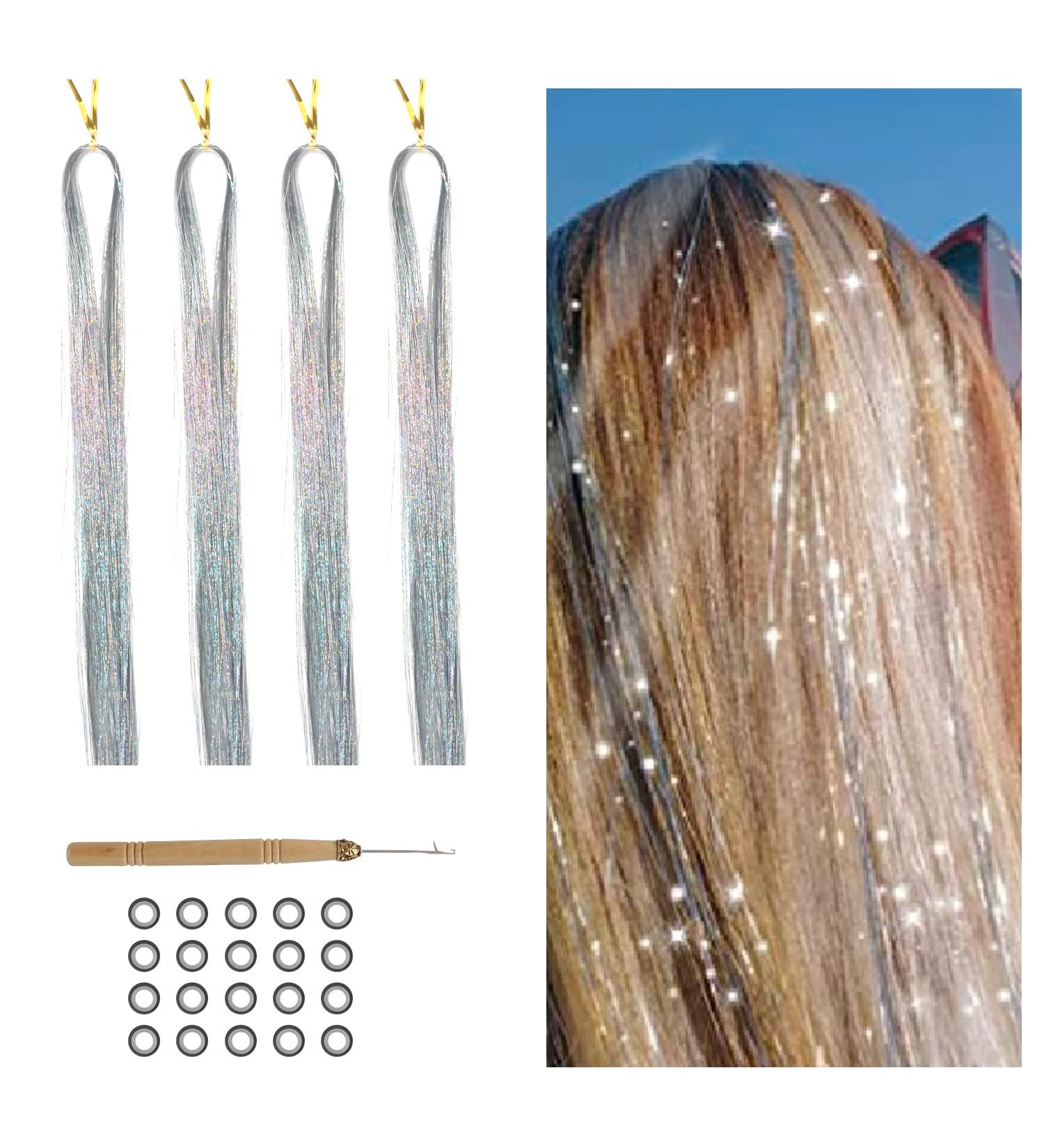 800 Silver Glitter Hair Strands | 120 cm Tinsel Hair Extensions | Fairy Hair Lametta Extreme Kit - Buy Online on SooperMarket.com