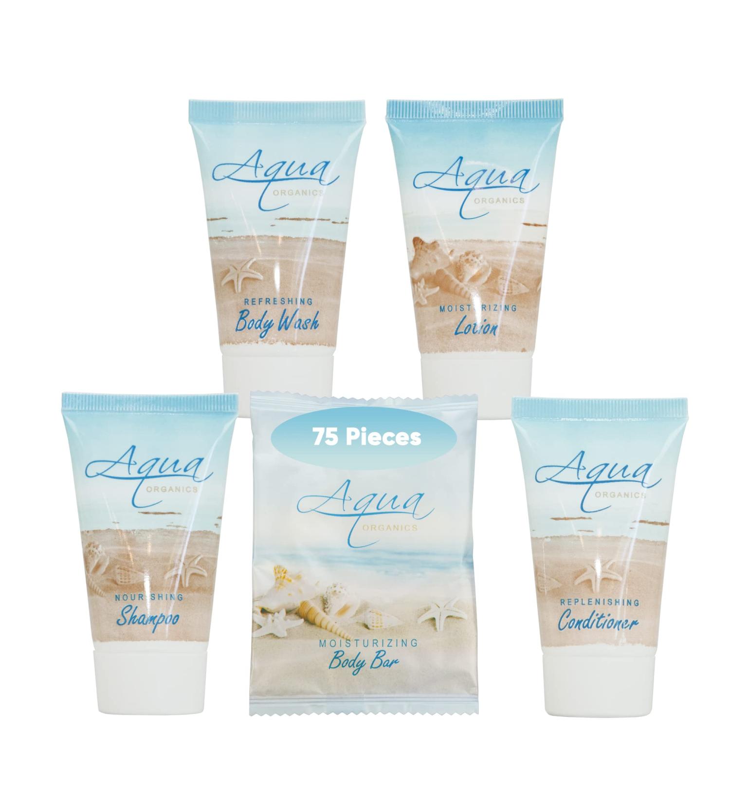 Aqua Organics Hotel Soaps and Toiletries Bulk Set - 75 Piece All-In-Kit Amenities for Hotels & Airbnb | Travel Size Shampoo, Conditioner, Body Wash, Lotion & Bar Soap - Buy Online on SooperMarket.com