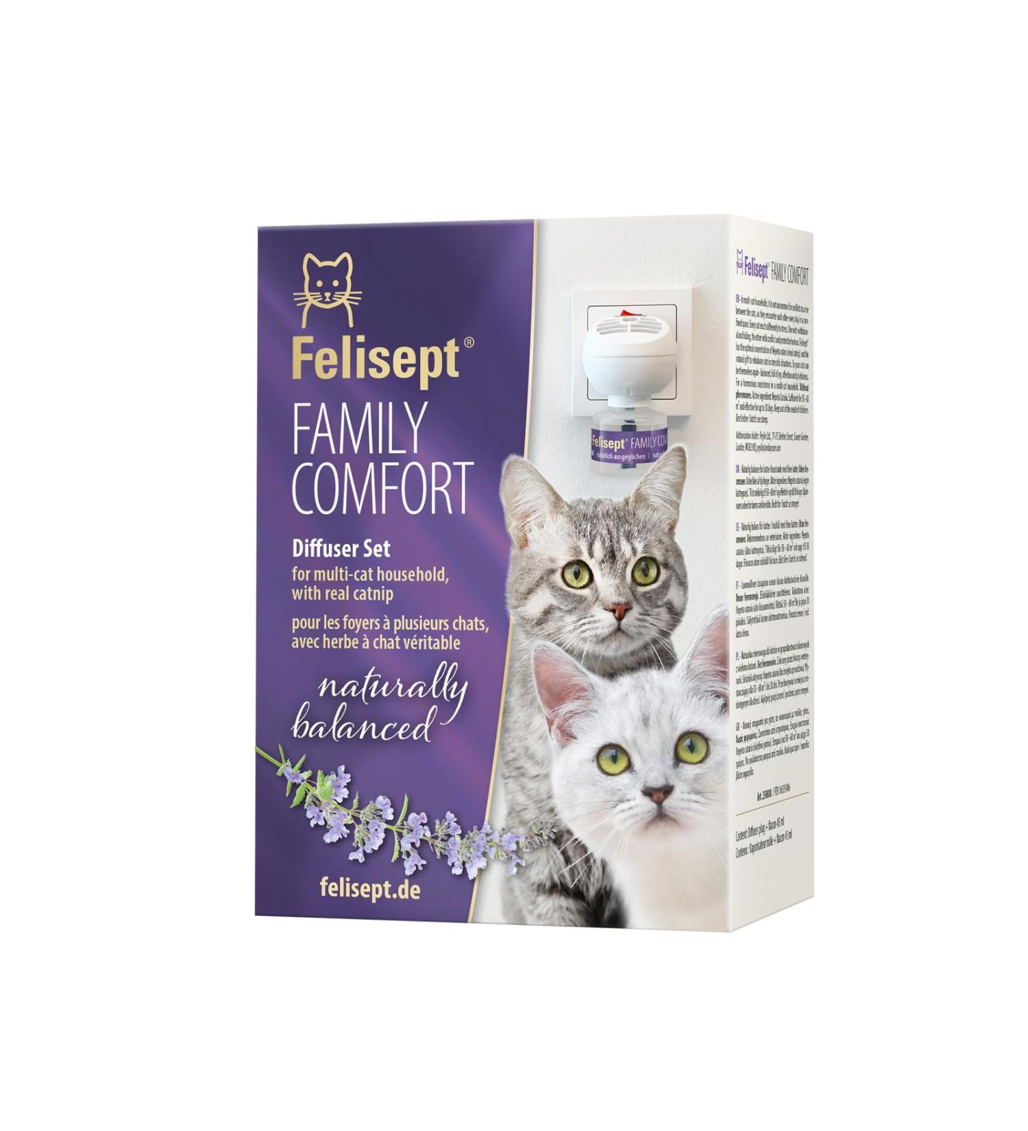 Felisept Family Comfort Relaxing Agent in Multi-Cat Household Plug-In Diffuser and Refill 45ml Starter Set - With natural catnip - Cat plug in calmer - Release tensions and reduce sustainably Starter Set (Diffuser + Refill 45ml) - Buy Online on SooperMarket.com