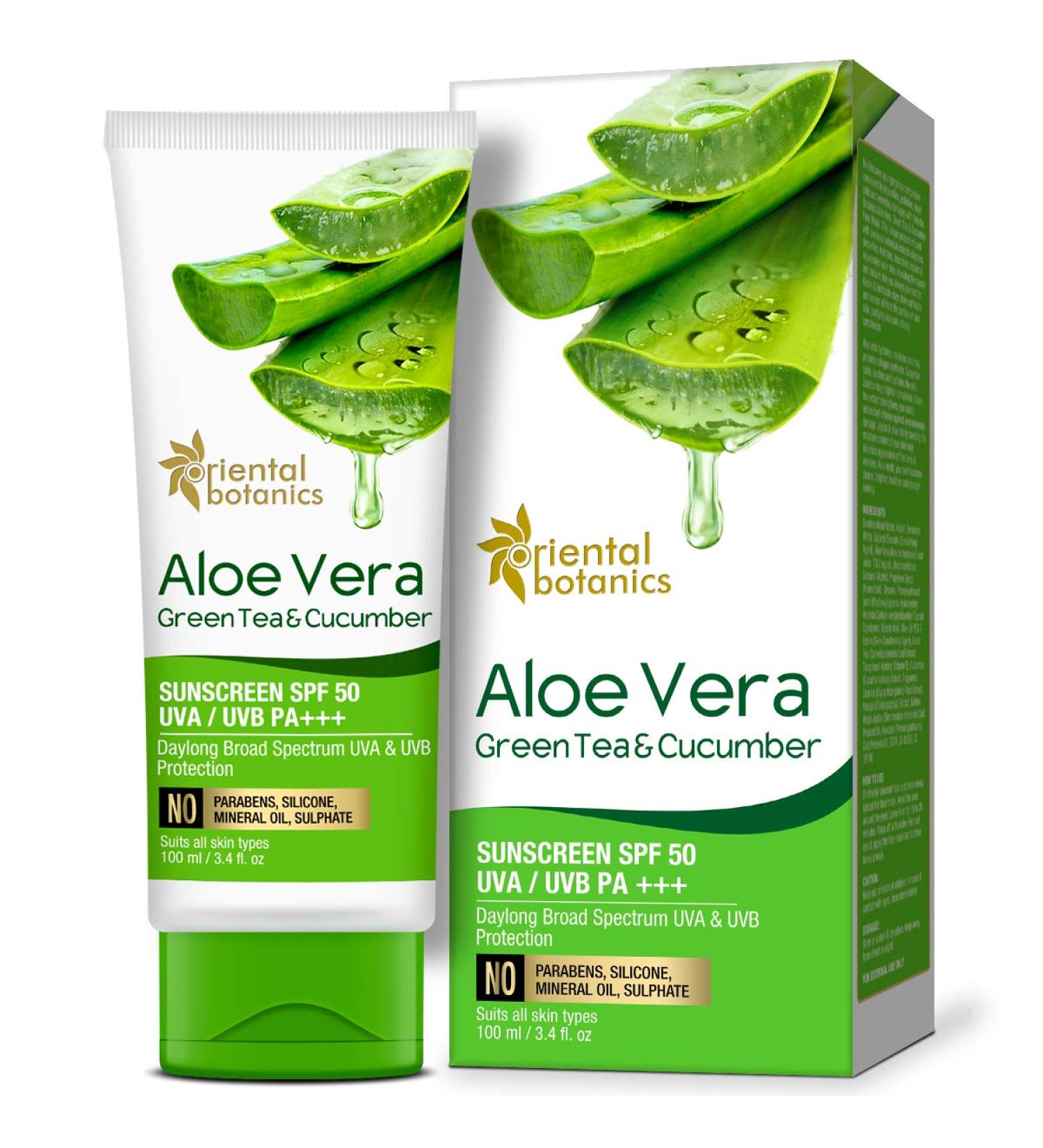 Buy Oriental Botanics Aloe Vera Green Tea Cucumber Sunscreen SPF 50 - 100ml | UVA/UVB Protection | International Shipping Available - Buy Online on SooperMarket.com