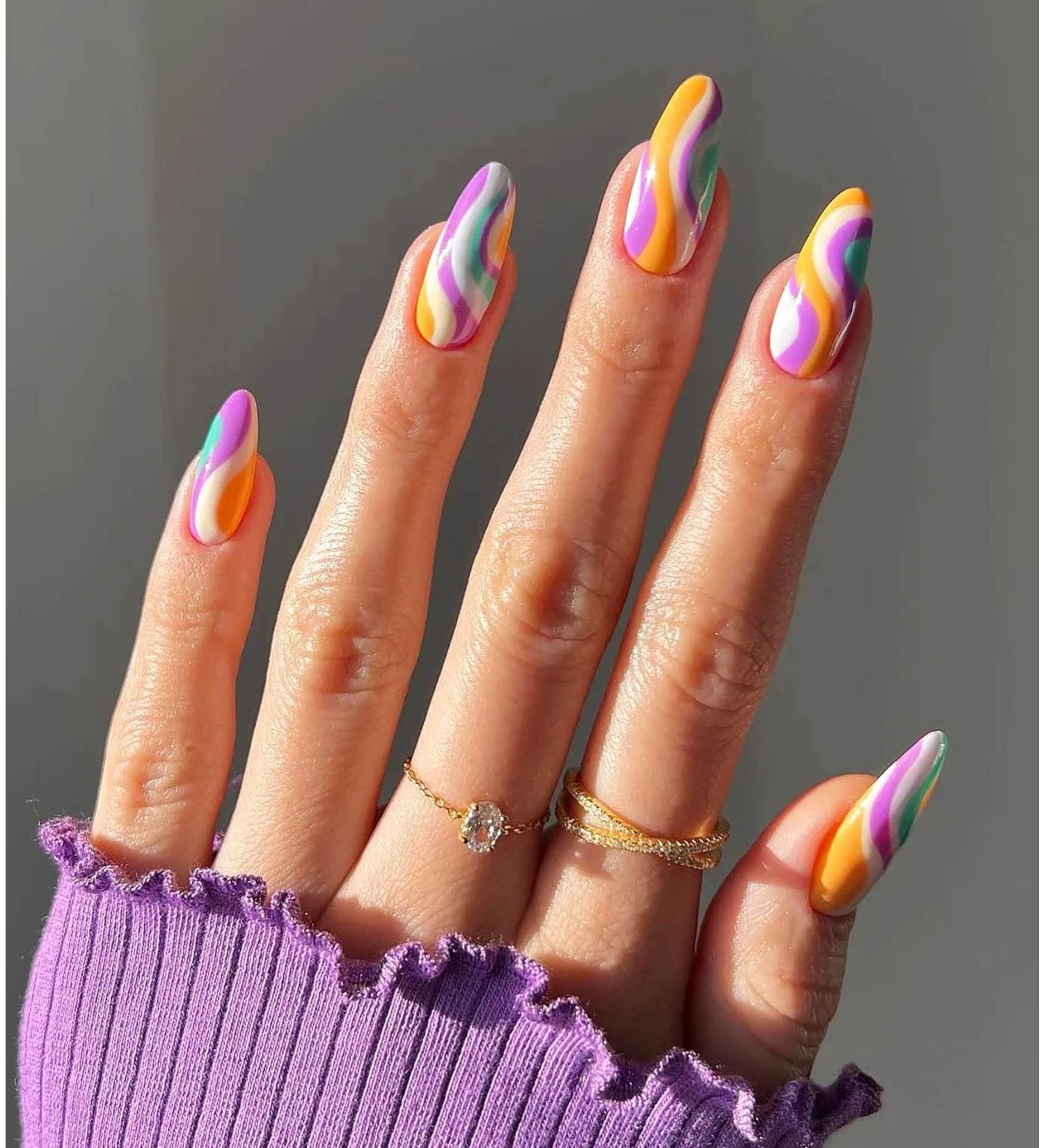 24 Pcs Colorful Candy Swirl Stiletto Press On Nails with Glue - Luvehandicraft - Buy Online on SooperMarket.com