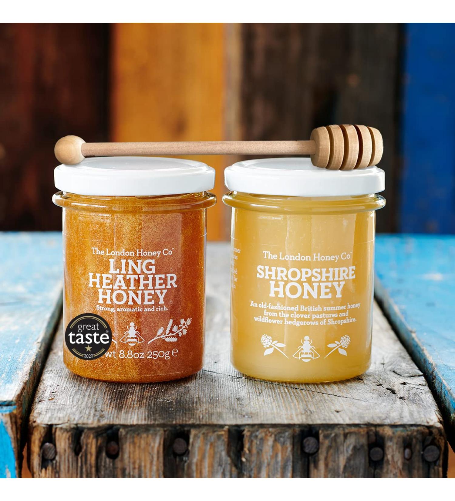 The London Honey Co. British Honey Duo (2x250g Jars) + Wooden Dipper - Ling Heather & Shropshire Creamed - Raw, Unpasteurised, All Natural - Honey Gift Set - Buy Online on SooperMarket.com