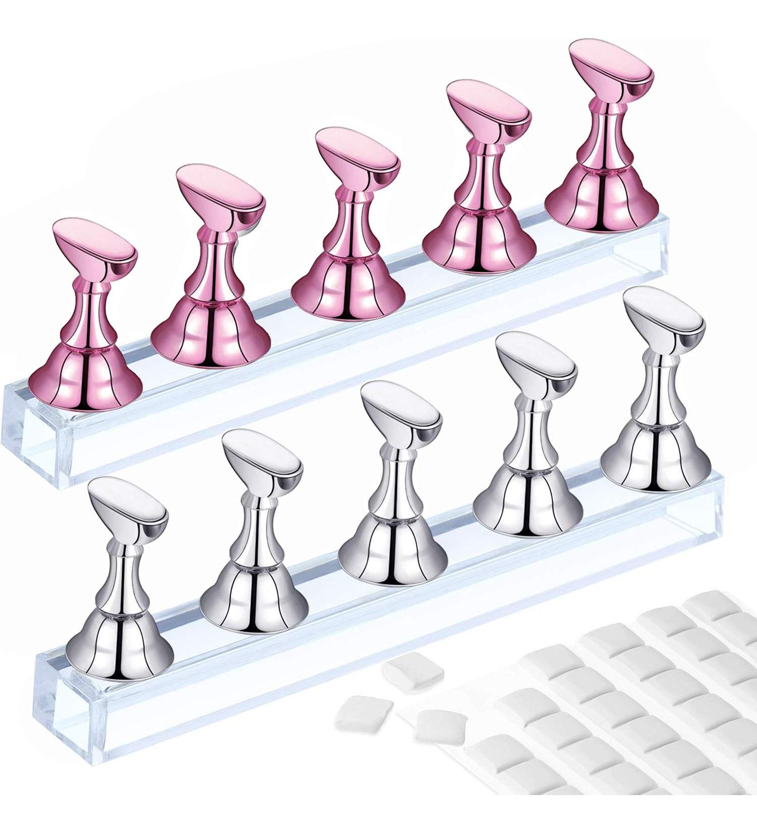 2 Set Acrylic Nail Practice Stand | Magnetic Nail Tip Art Display Holder with Reusable Adhesive Putty - Manicure Tool for Home & Salon (Metal Pink & Silver - Buy Online on SooperMarket.com