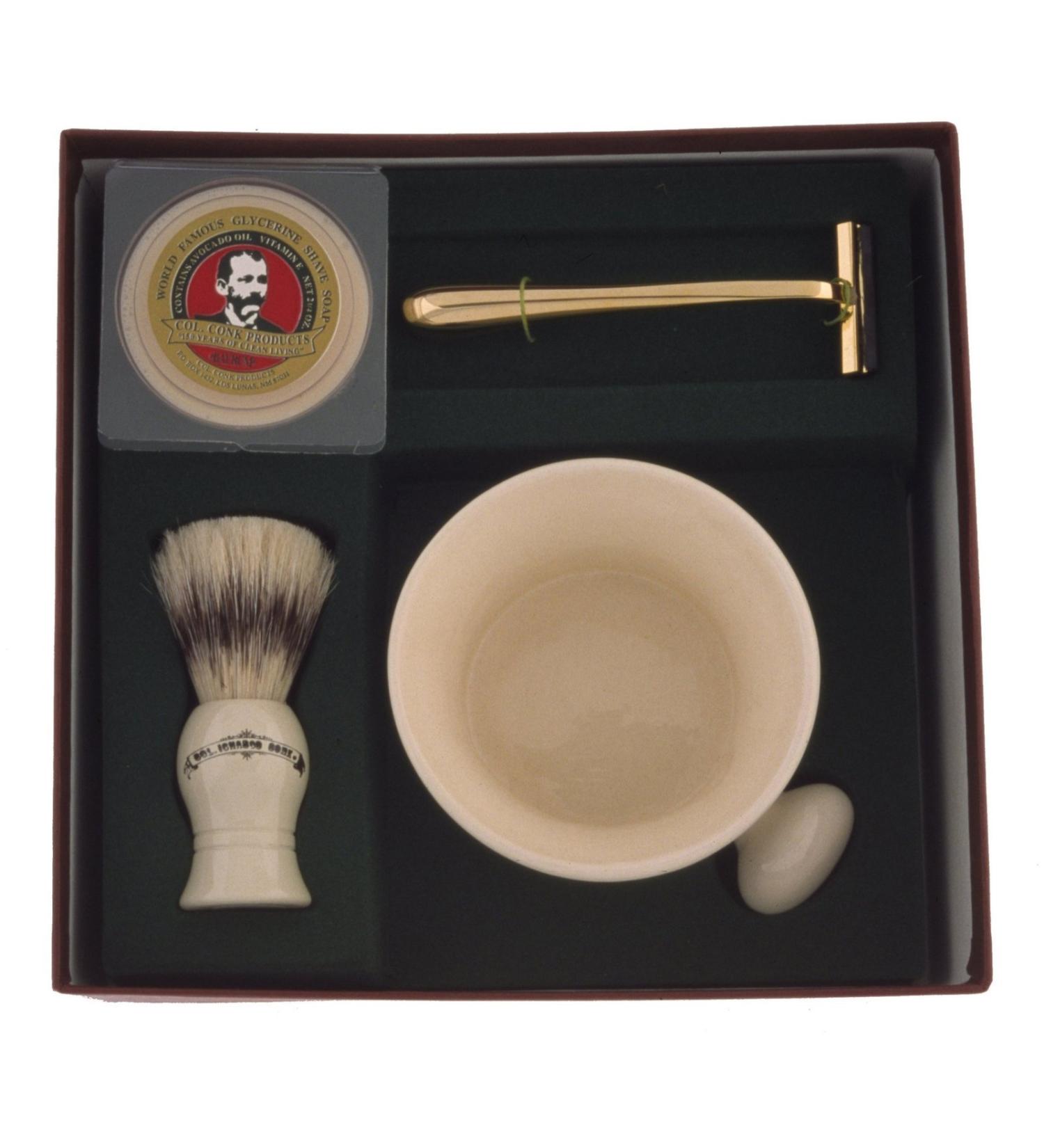 Colonel Conk Model 236 Apothecary Mug Mixed Badger Brush Gold Tone Razor and Soap