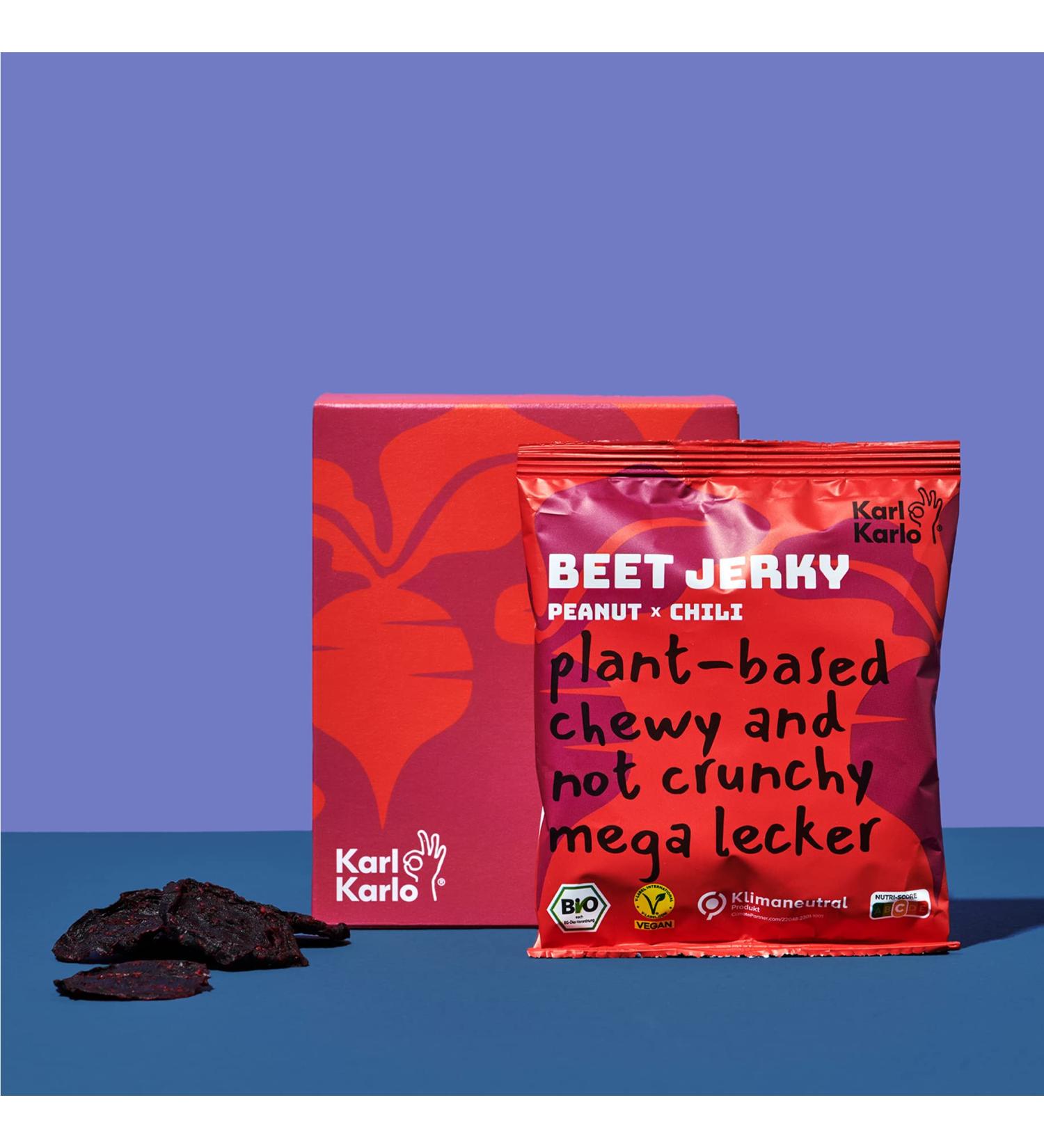 Karl Karlo Vegan Beef Jerky - Beetroot Peanut & Chilli Snack | Natural Ingredients | Hearty Vegan Dry Meat | Made in Europe - 4 x 40 Pieces (4 Pack) - Buy Online on SooperMarket.com