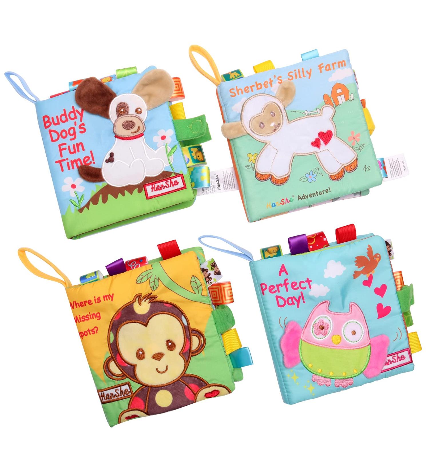HanShe Baby Soft Cloth Book Set - High Contrast Crinkle Book 4 PCS for 0-6 Months | Educational Learning Toy for Infants | Fabric Baby Activity Book for Boys and Girls | Yellow - Buy Online on SooperMarket.com