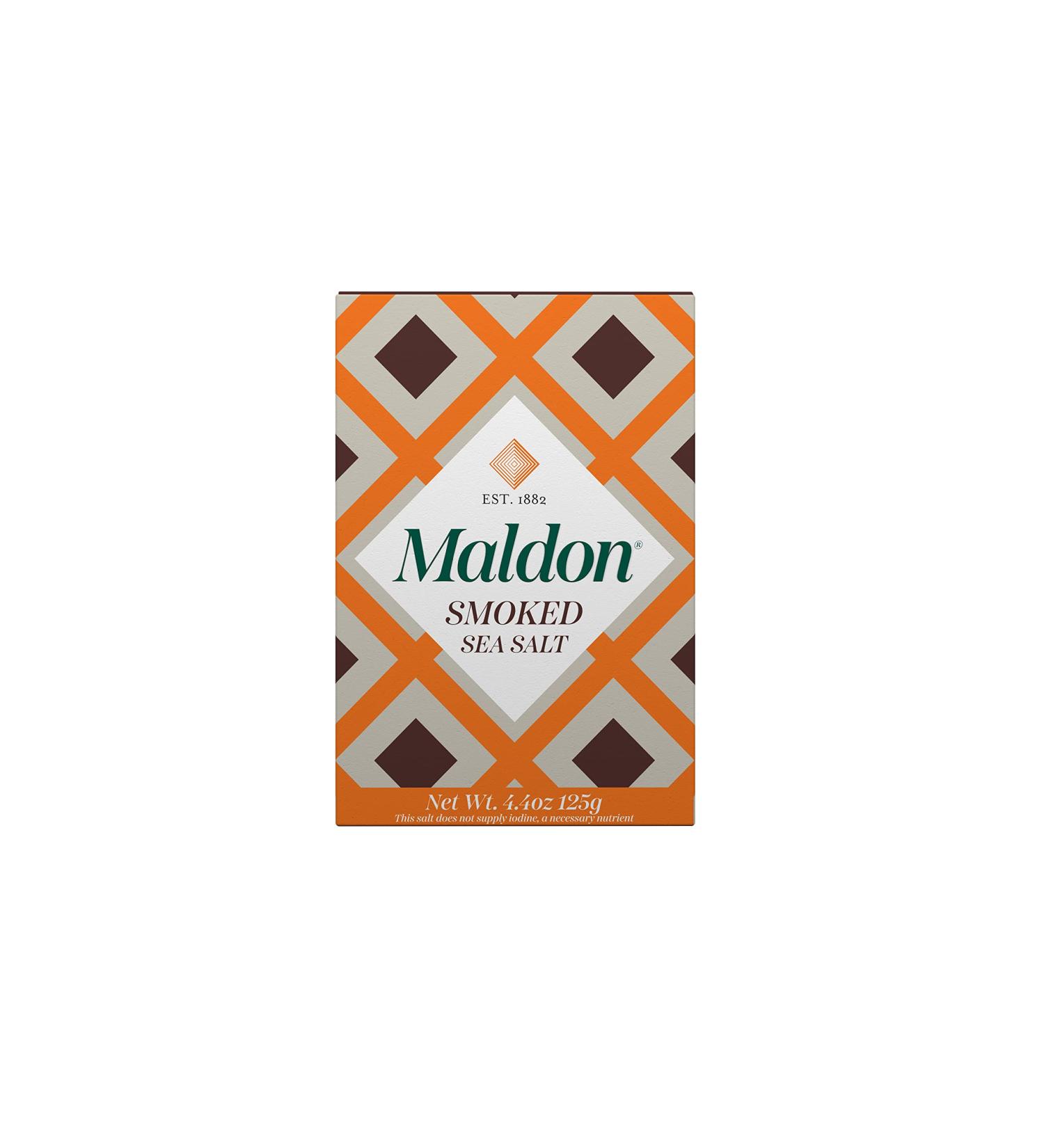 Maldon Smoked Sea Salt Flakes 4.4 oz - Kosher, Handcrafted Gourmet Salt, Oak Smoked Pyramid Crystals - Buy Online on SooperMarket.com