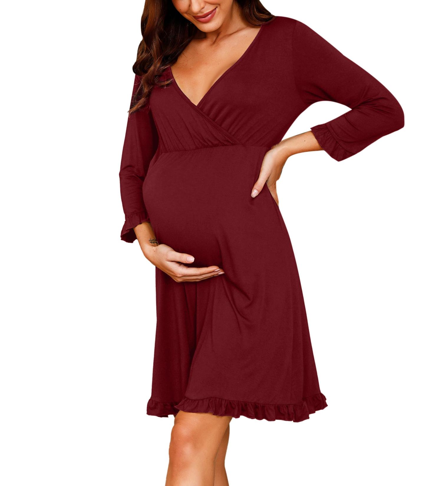 Bresdk Women's Maternity Nightdress | Long Sleeve Breastfeeding Nightgown Loungewear Pyjamas | Pregnant Red Nightwear - Buy Online on SooperMarket.com