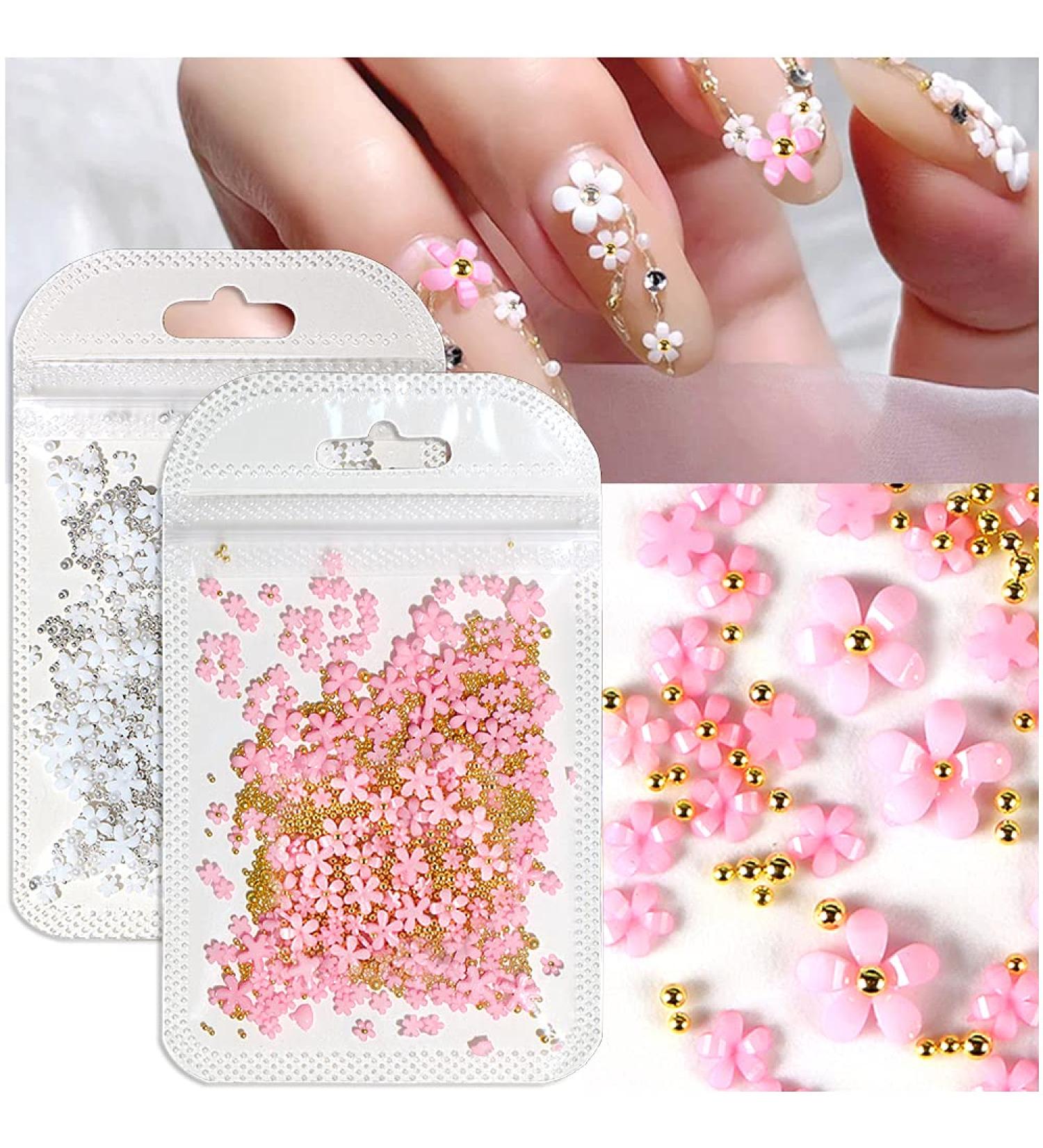 Dornail White Pink 3D Acrylic Flower Nail Charms with Pearl & Golden Caviar Beads - Nail Art DIY Decorations - Buy Online on SooperMarket.com