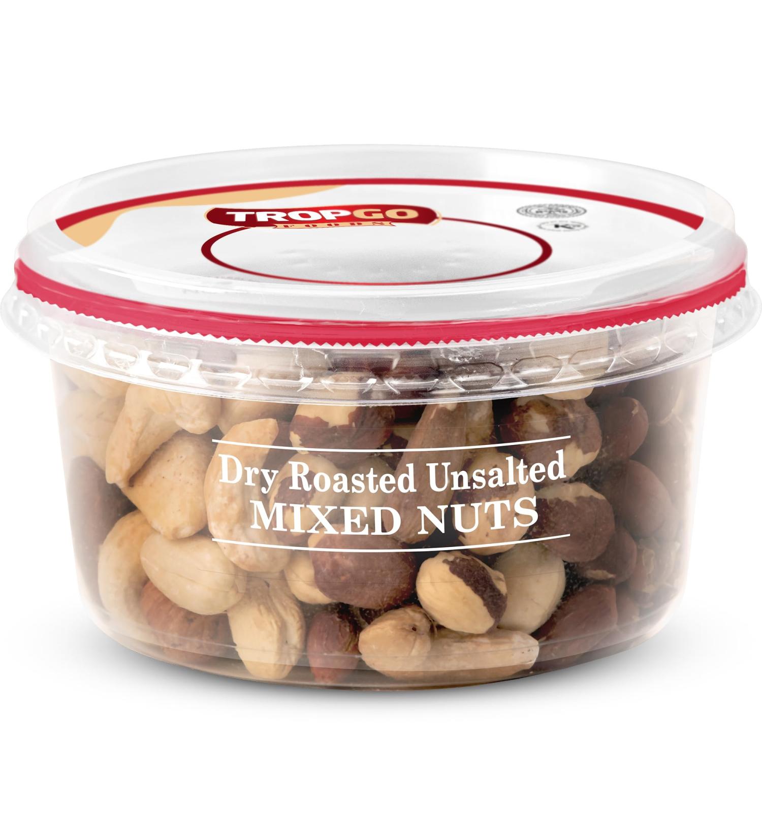 Tropgo Dry Roasted Unsalted Mixed Nuts 190g - Nuts in Resealable and Recyclable Tub - Wholesome Trail Mix with Fibre Protein and Essential Minerals - Healthy Snacks for All Ages - Buy Online on SooperMarket.com
