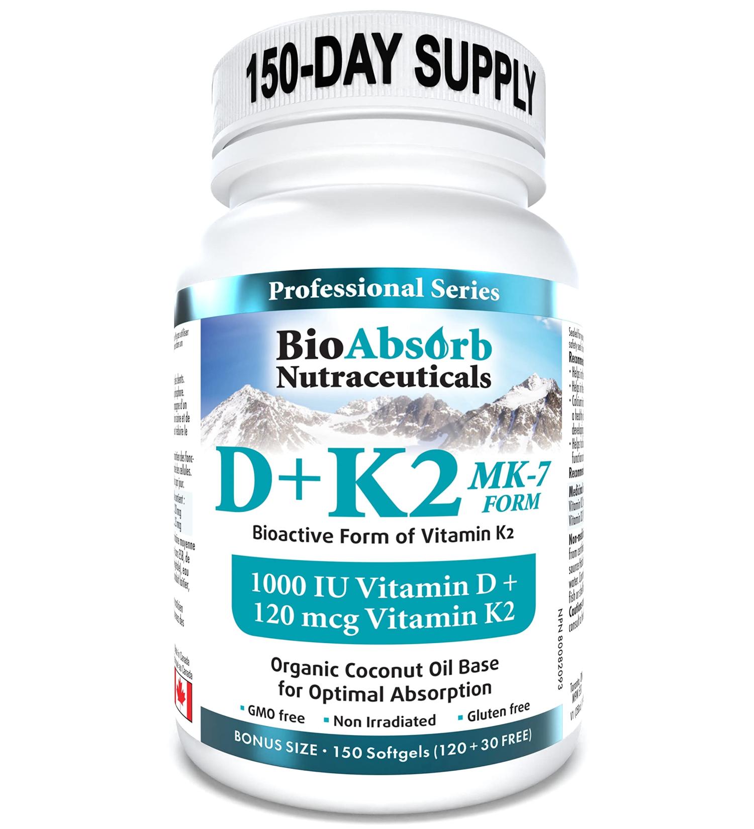 Vitamin D3 1000 IU + Vitamin K2 MK-7 (120 mcg). 150-Day Supply Of Vitamin D3 K2. Organic Coconut Oil Base For Optimal Absorption of K2 D3 Vitamin Supplement (150 Softgels of Vitamin D K2) - Buy Online on SooperMarket.com
