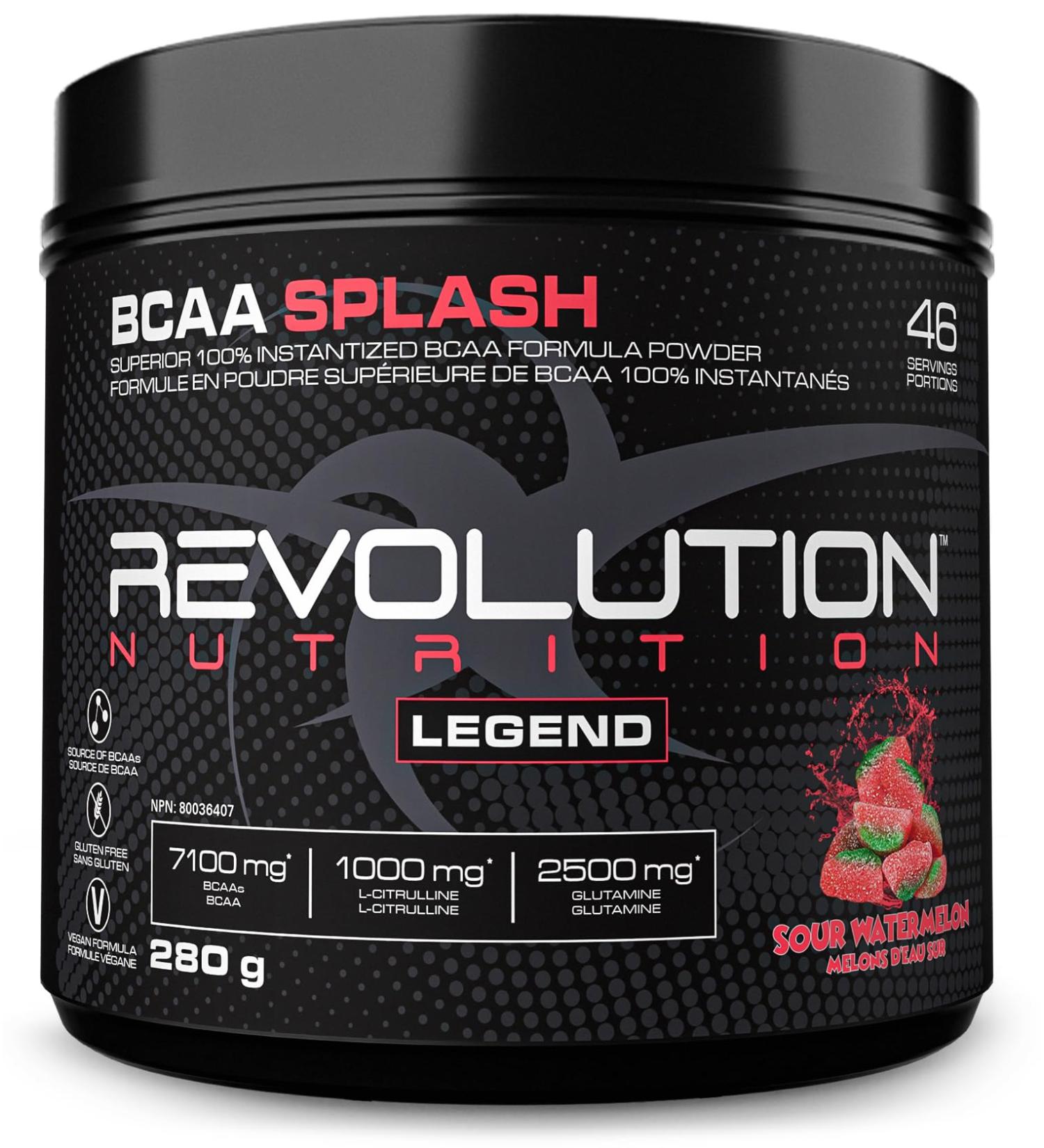 Revolution Nutrition BCAA Splash BCAA Powder Vegan Formula Zero Calorie Lactose Free Muscle Recovery Post Workout 7100 Mg of Branched Chained Amino Acid 1000 mg Citrulline Malate 280 G 46 Servings (Sour Watermelon 0.62 Pound) Watermelon 0.62 Pound - Buy Online on SooperMarket.com