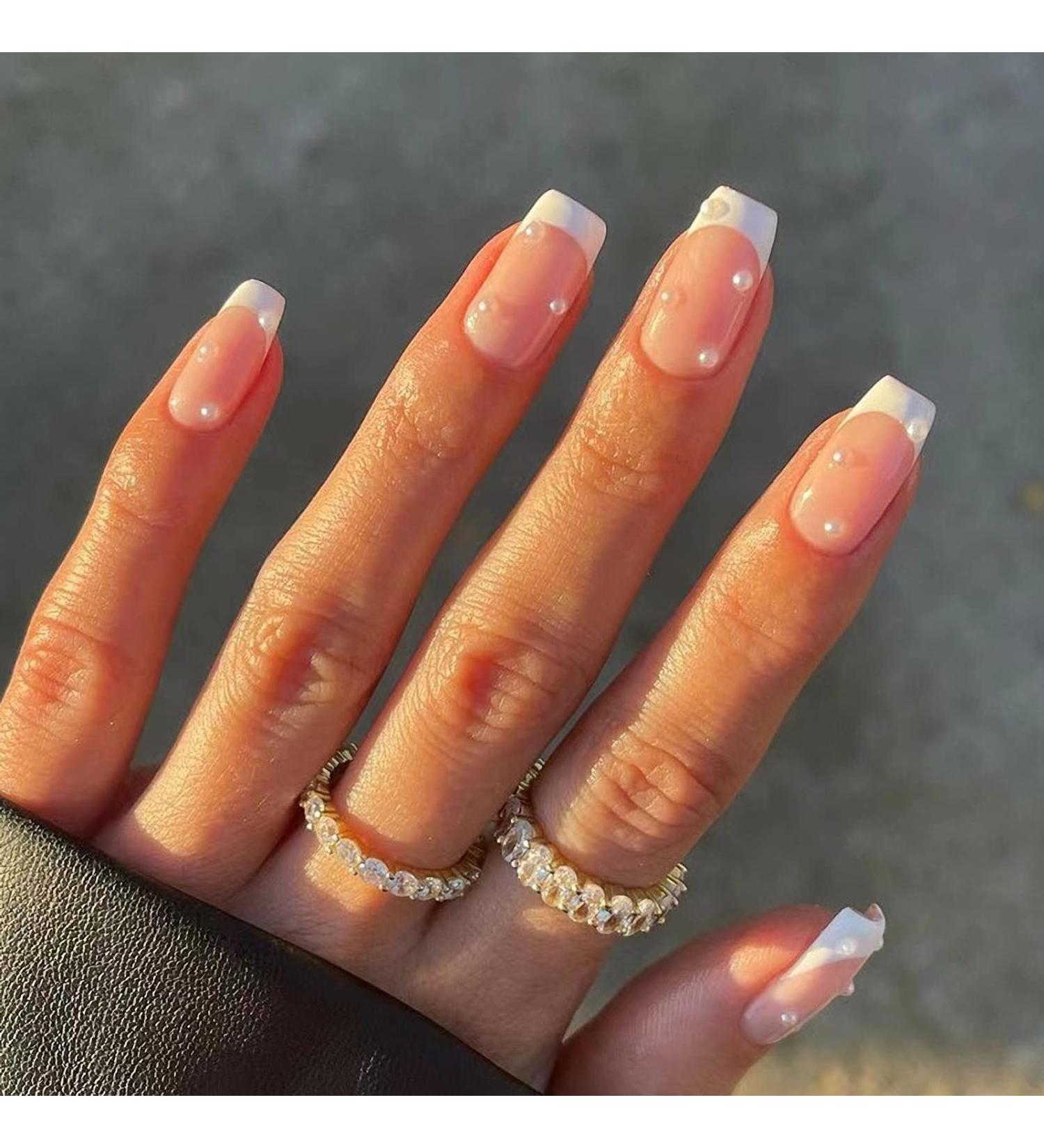 MISUD Glossy Square French Tip Fake Nails - 24Pcs | Pearl Acrylic Designs | White Glue-on False Nails for Women & Girls - Buy Online on SooperMarket.com