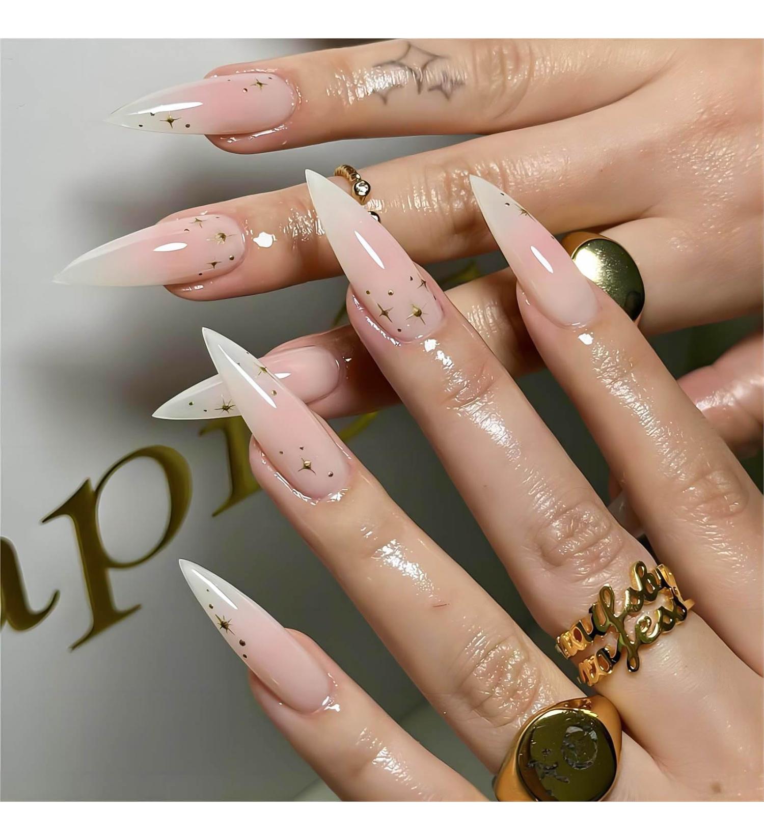 Shop 24Pcs Almond Press on Nails - Long Stiletto Faux Nails Pink Ombre Acrylic with Gold Star Designs - Cute Summer Nails for Women - Buy Online on SooperMarket.com