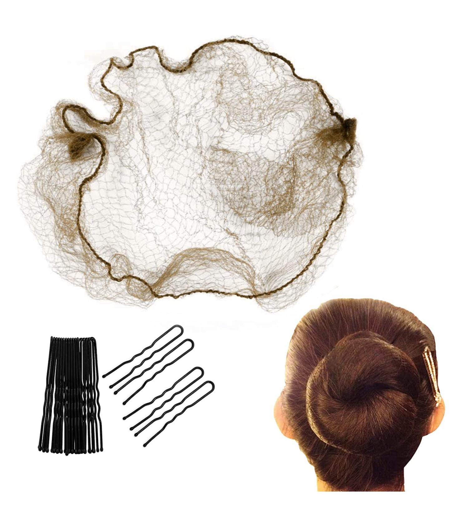Bouttarro Invisible Hair Nets & U Shaped Pins Set - 50 Mesh Elastic Edge Hair Nets & 40 U Shaped Pins for Ballet Buns, Donut Bun Maker Wig - Light Brown - Buy Online on SooperMarket.com