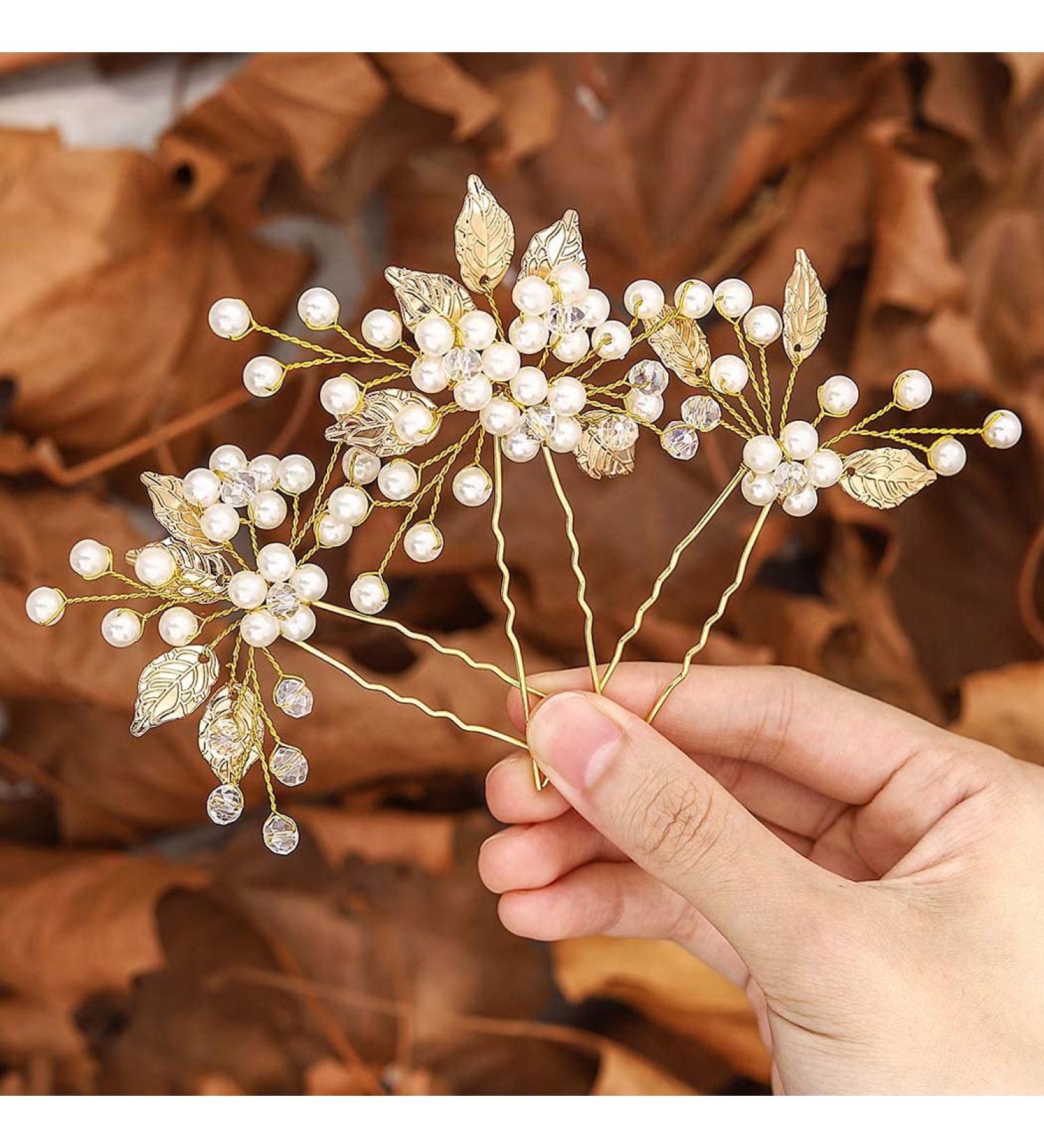 Gorais Pearl Bride Wedding Hair Pins - Leaf Bridal Hair Pieces Rhinestone Hair Clips (Pack of 3) - Gold Accessories for Women and Girls - Buy Online on SooperMarket.com