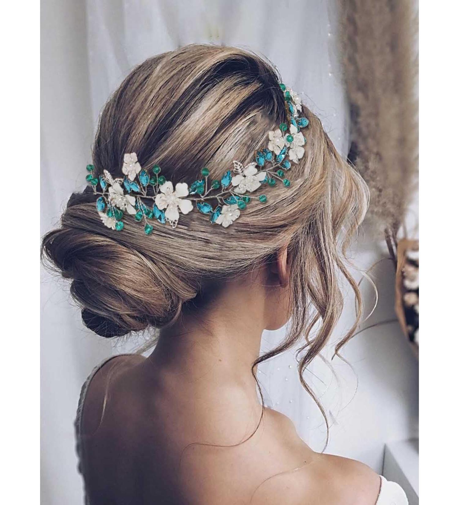 IYOU Flower Wedding Hair Vines Blue Crystal Bride Headband Leaf Guest Bridesmaid Hair Accessories for Women - Buy Online on SooperMarket.com